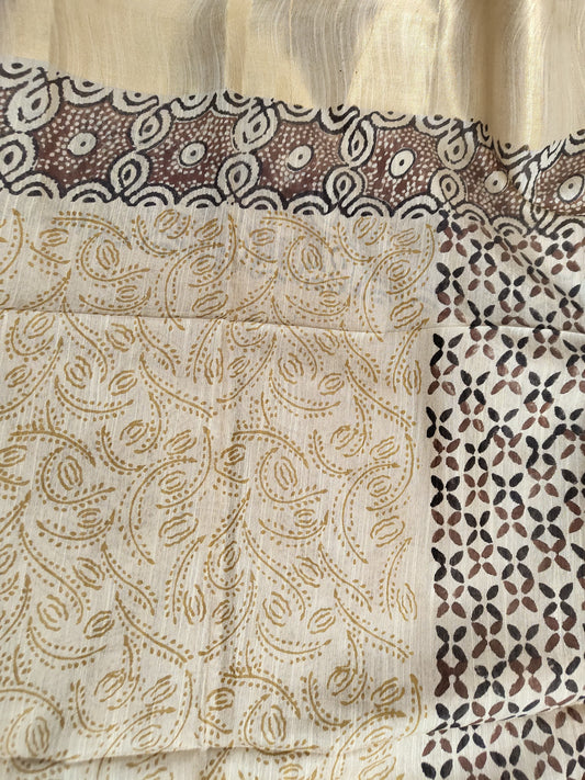 Azrak Print Saree on Premium Quality Tussar Fabric in Coffee Brown, Black and Beige colour Combination