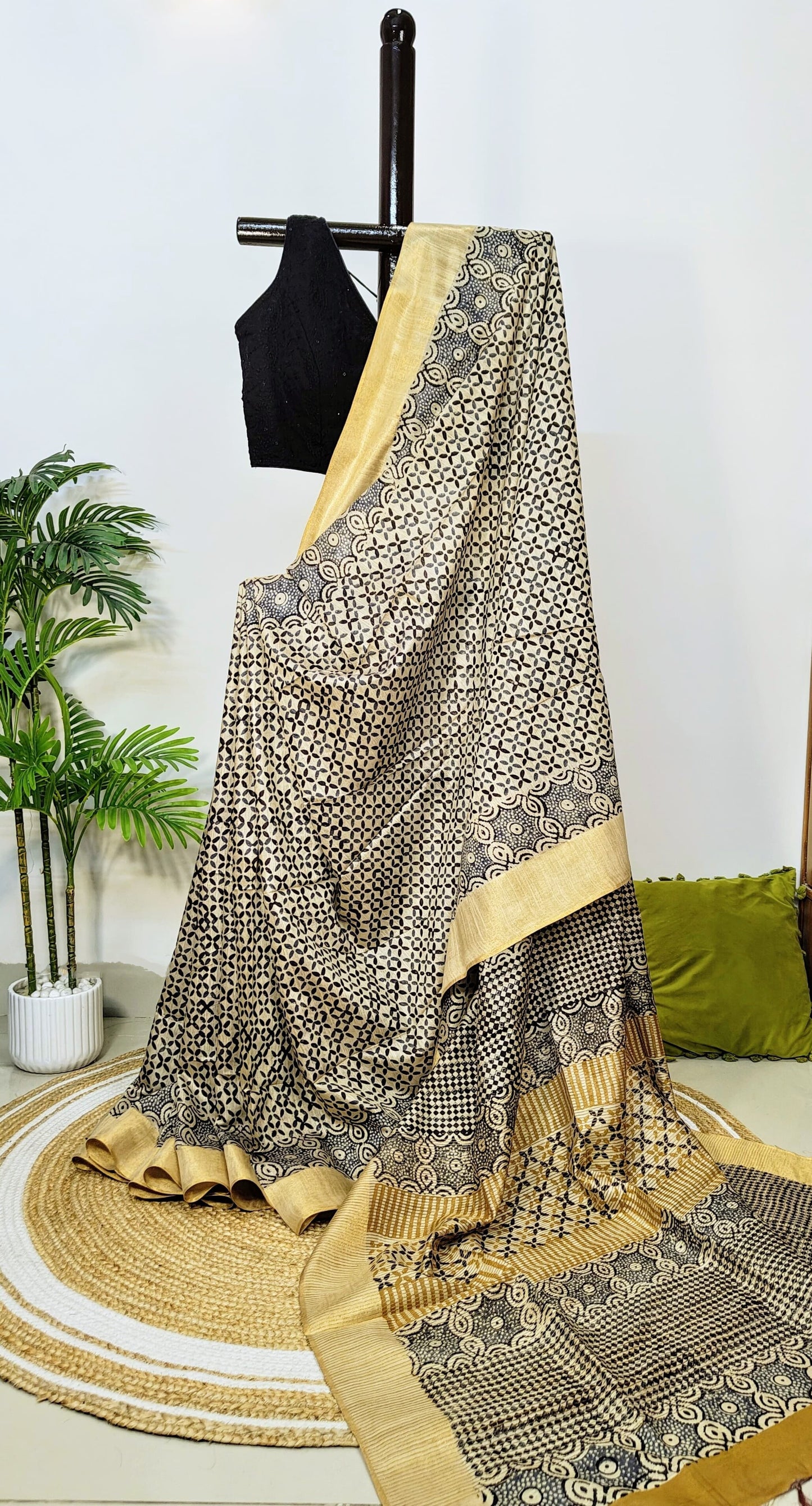 Azrak Print Saree on Premium Quality Tussar Fabric in Fern Blue, Black and Beige colour Combination