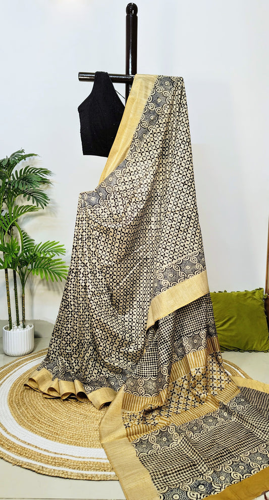 Azrak Print Saree on Premium Quality Tussar Fabric in Fern Blue, Black and Beige colour Combination