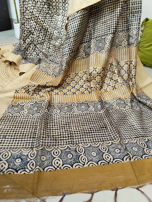 Azrak Print Saree on Premium Quality Tussar Fabric in Fern Blue, Black and Beige colour Combination