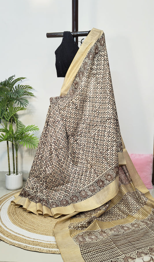 Azrak Print Saree on Premium Quality Tussar Fabric in Coffee Brown, Black and Beige colour Combination