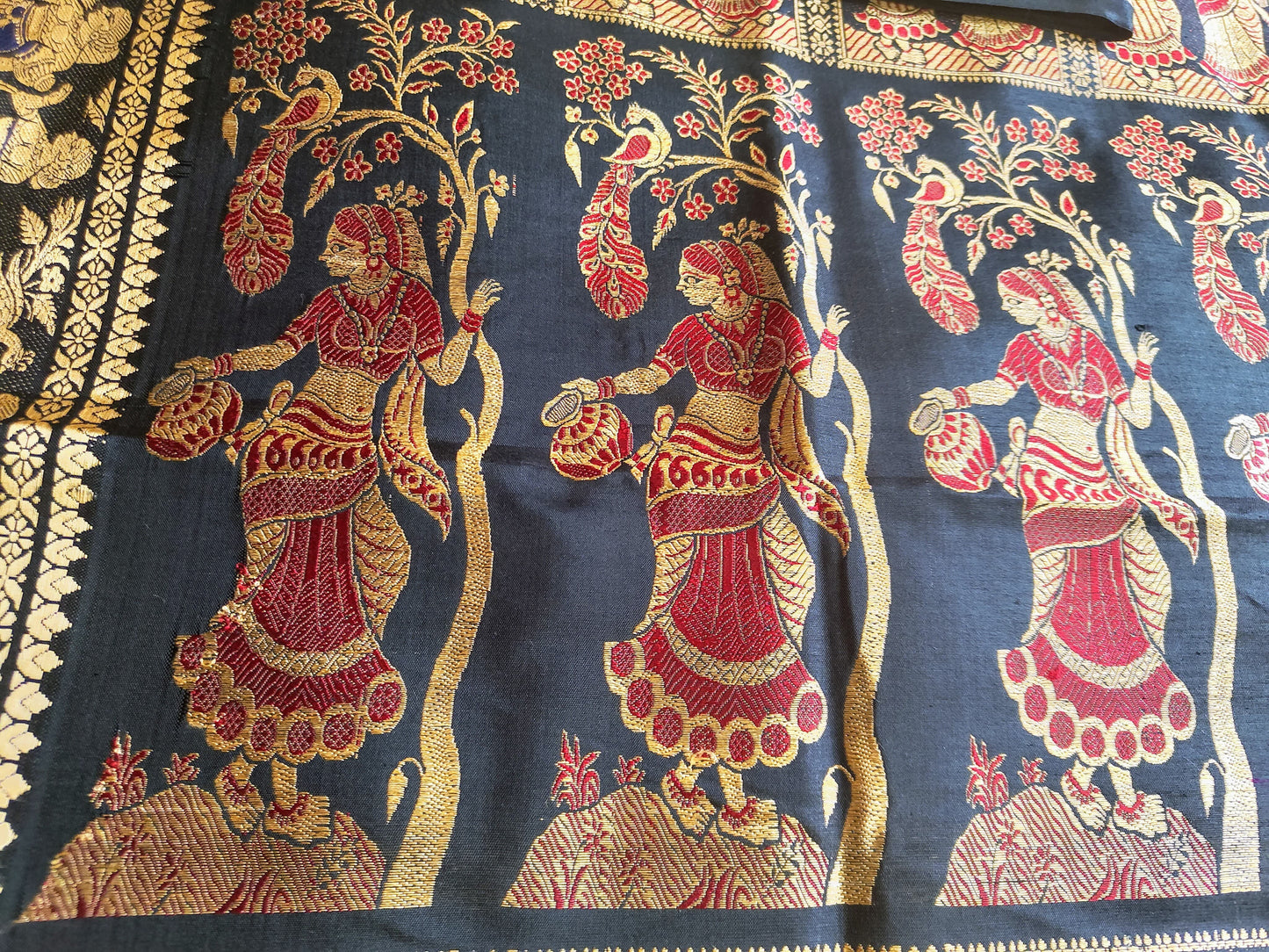Sold out Pure Baluchari Authentic Saree in Black with Copper Resham and Red-Blue Minakari Work,- Sold in Bangalore