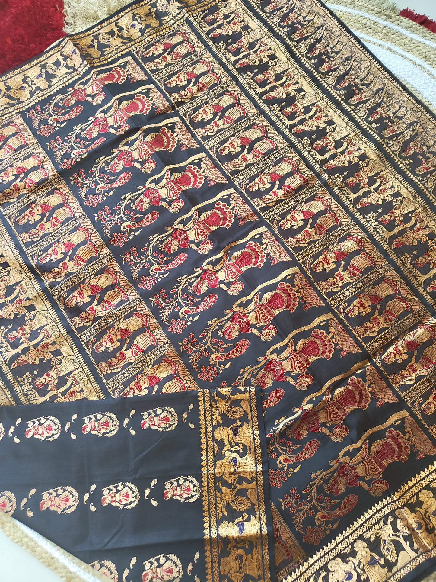 Sold out Pure Baluchari Authentic Saree in Black with Copper Resham and Red-Blue Minakari Work,- Sold in Bangalore