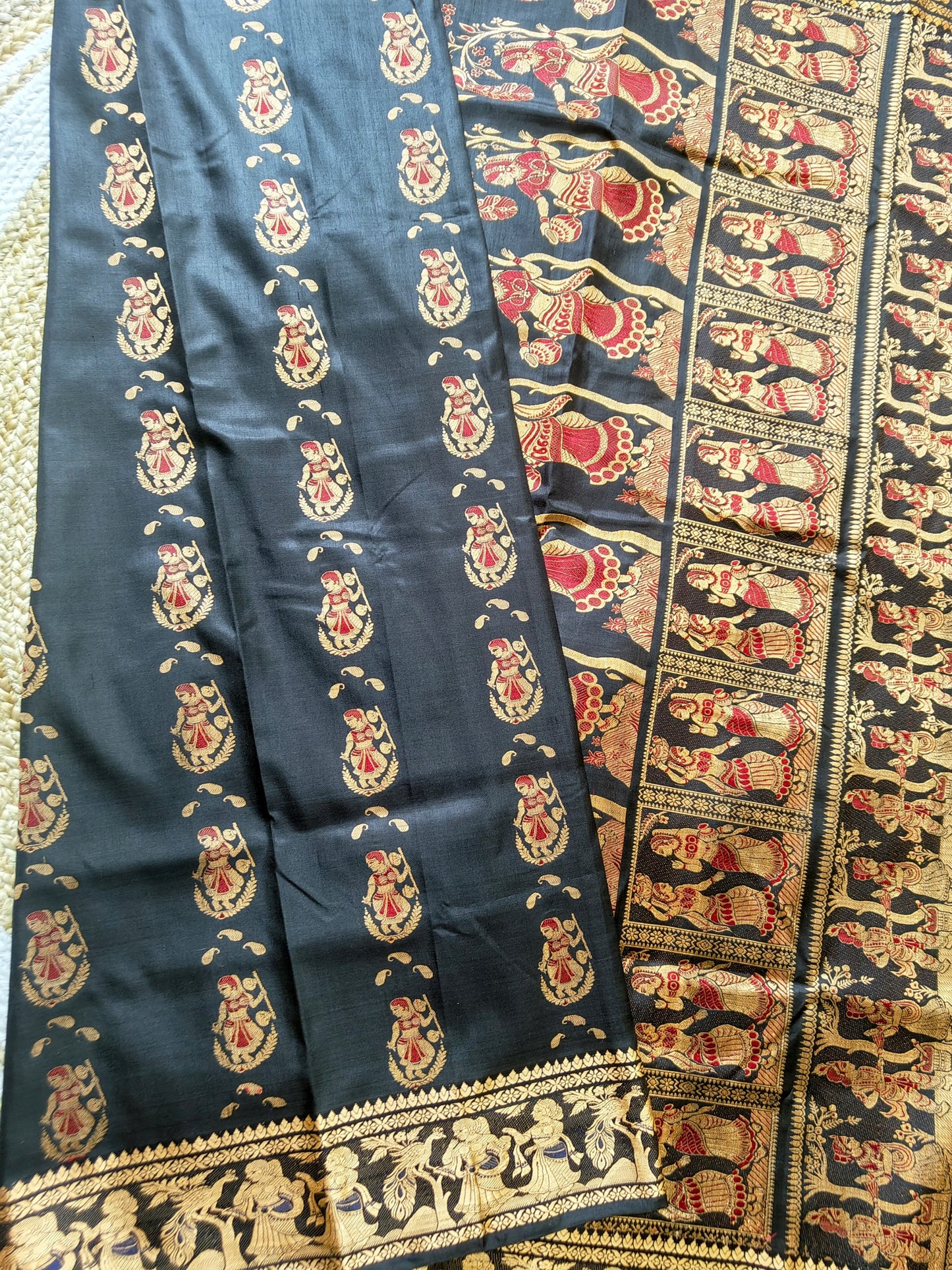 Sold out Pure Baluchari Authentic Saree in Black with Copper Resham and Red-Blue Minakari Work,- Sold in Bangalore