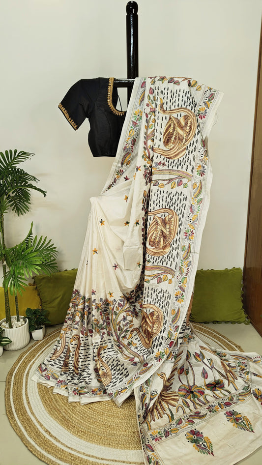 Blended Bangalore Silk Kantha Saree-A Village Pond Story