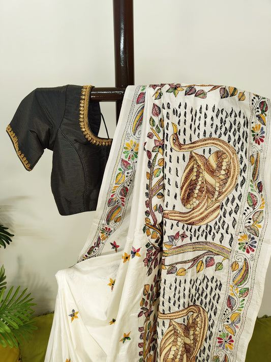 Blended Bangalore Silk Kantha Saree-A Village Pond Story