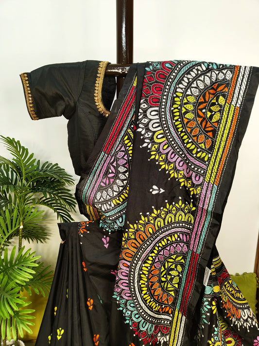 Blended Bangalore Silk Black Kantha Saree – Jewellery Design