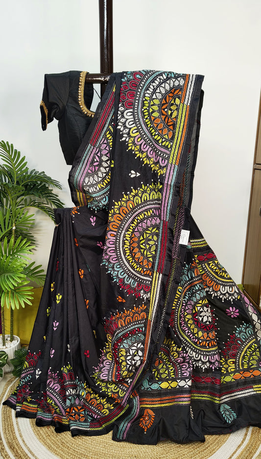 Blended Bangalore Silk Black Kantha Saree – Jewellery Design