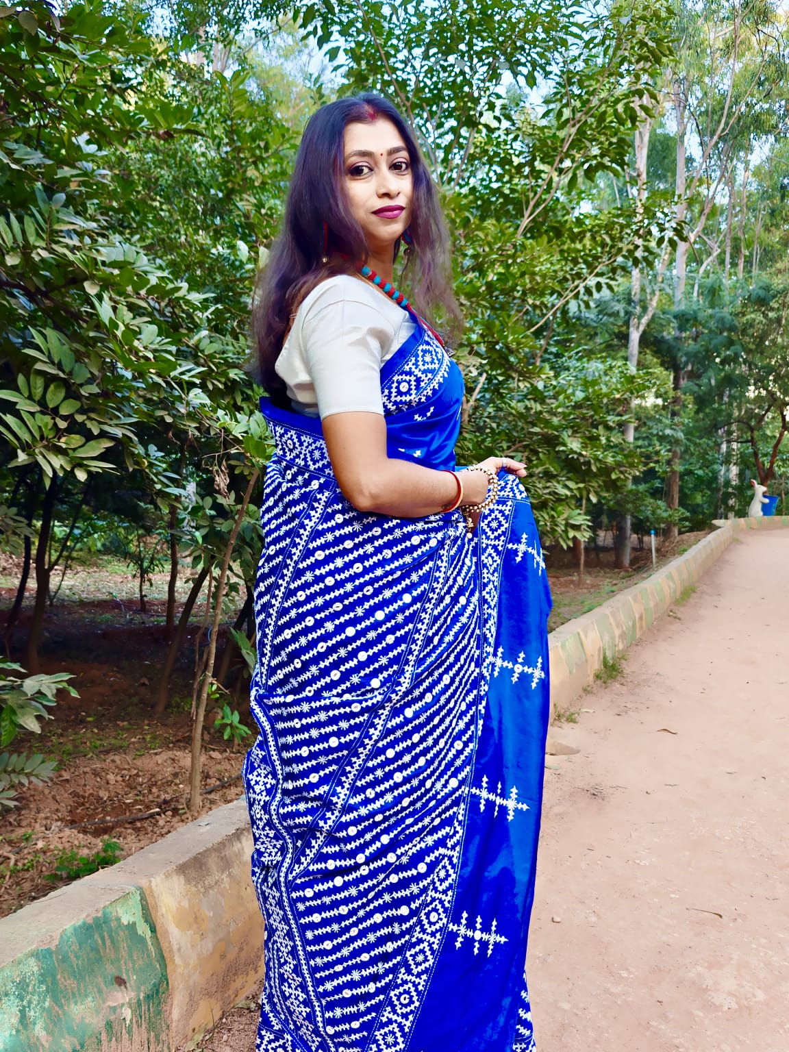 Blended Bangalore Silk Kantha Saree with Gujarati and Thousand Mirrors Embroidery