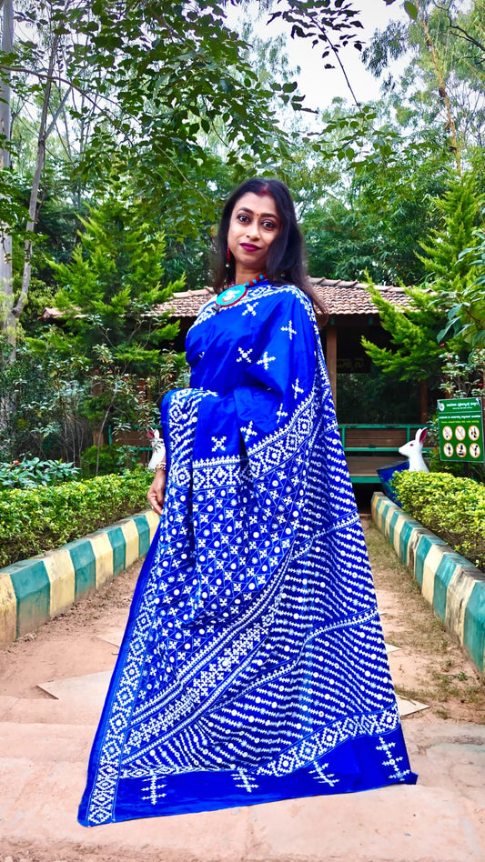 Blended Bangalore Silk Kantha Saree with Gujarati and Thousand Mirrors Embroidery