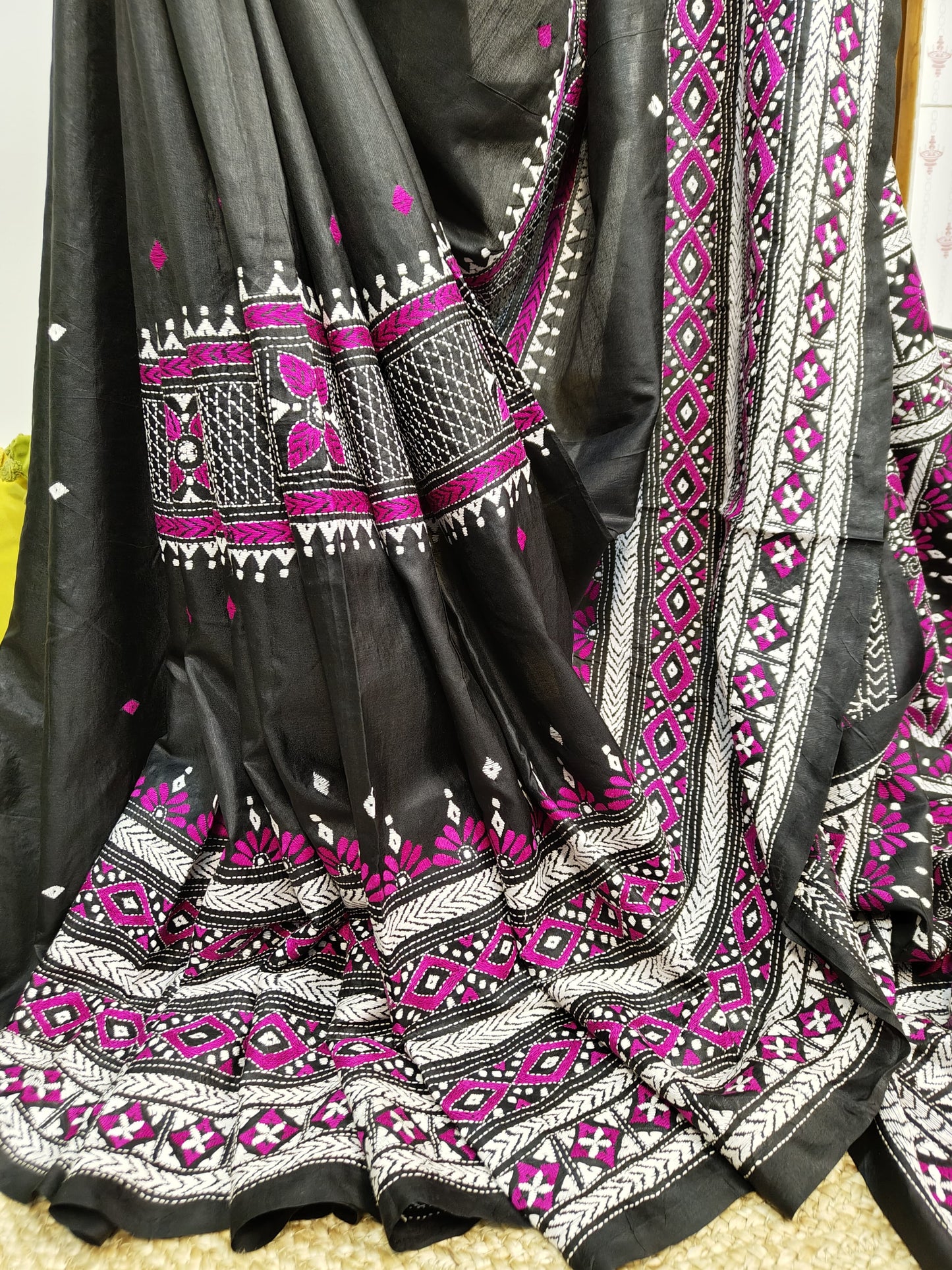 Pure Bangalore Silk Kantha Stitch Saree-Madhamani Motif