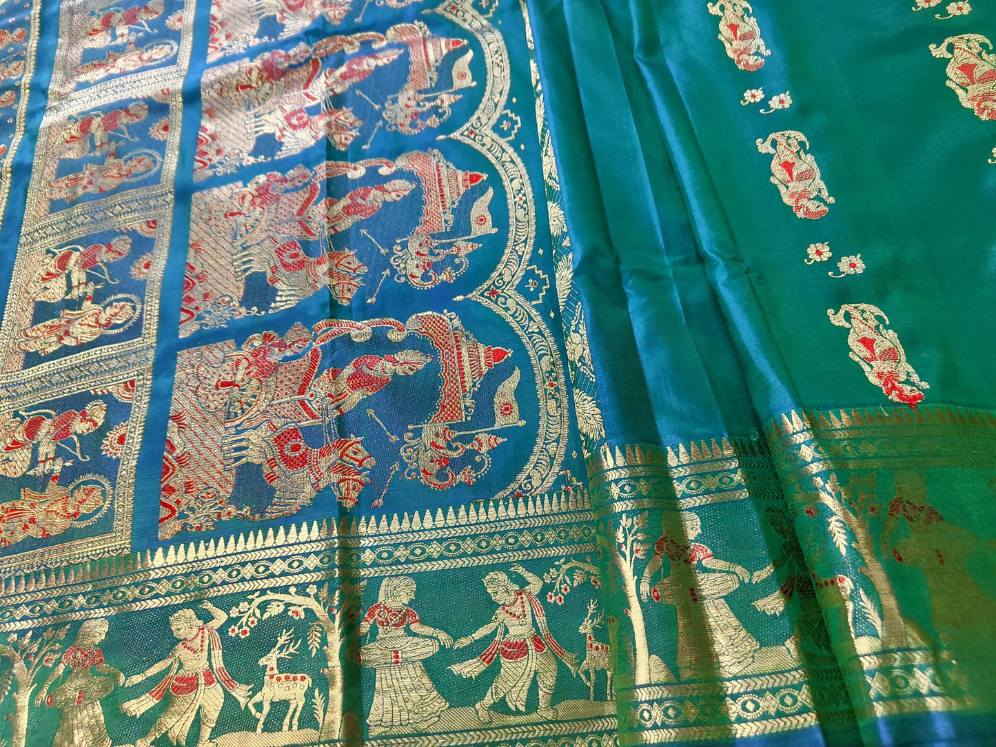 Pure Swarnachari Saree 3-Ply in Dual-Tone Peacock Blue – A Symphony of Tradition and Elegance