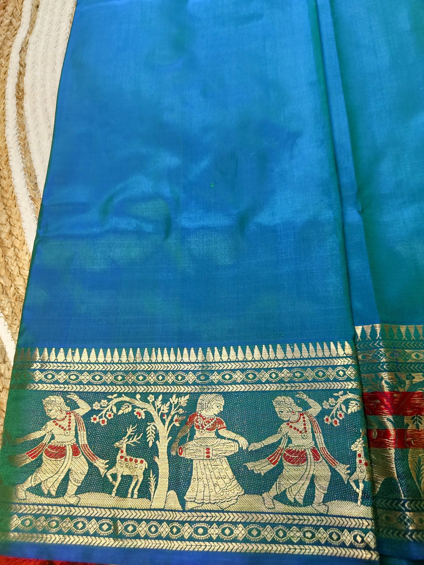 Pure Swarnachari Saree 3-Ply in Dual-Tone Peacock Blue – A Symphony of Tradition and Elegance