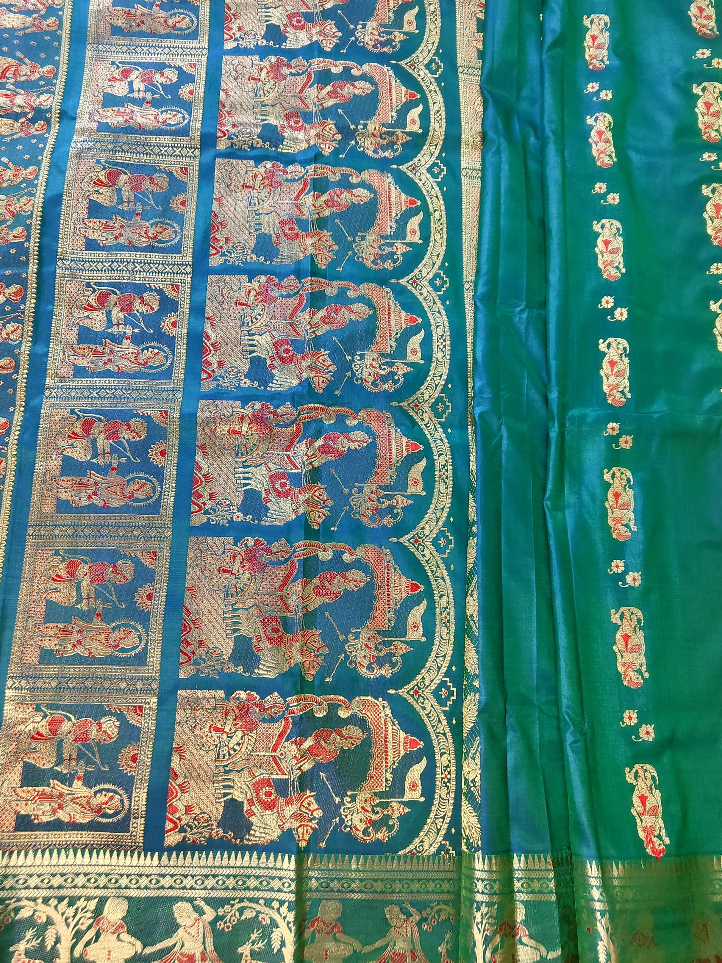 Pure Swarnachari Saree 3-Ply in Dual-Tone Peacock Blue – A Symphony of Tradition and Elegance