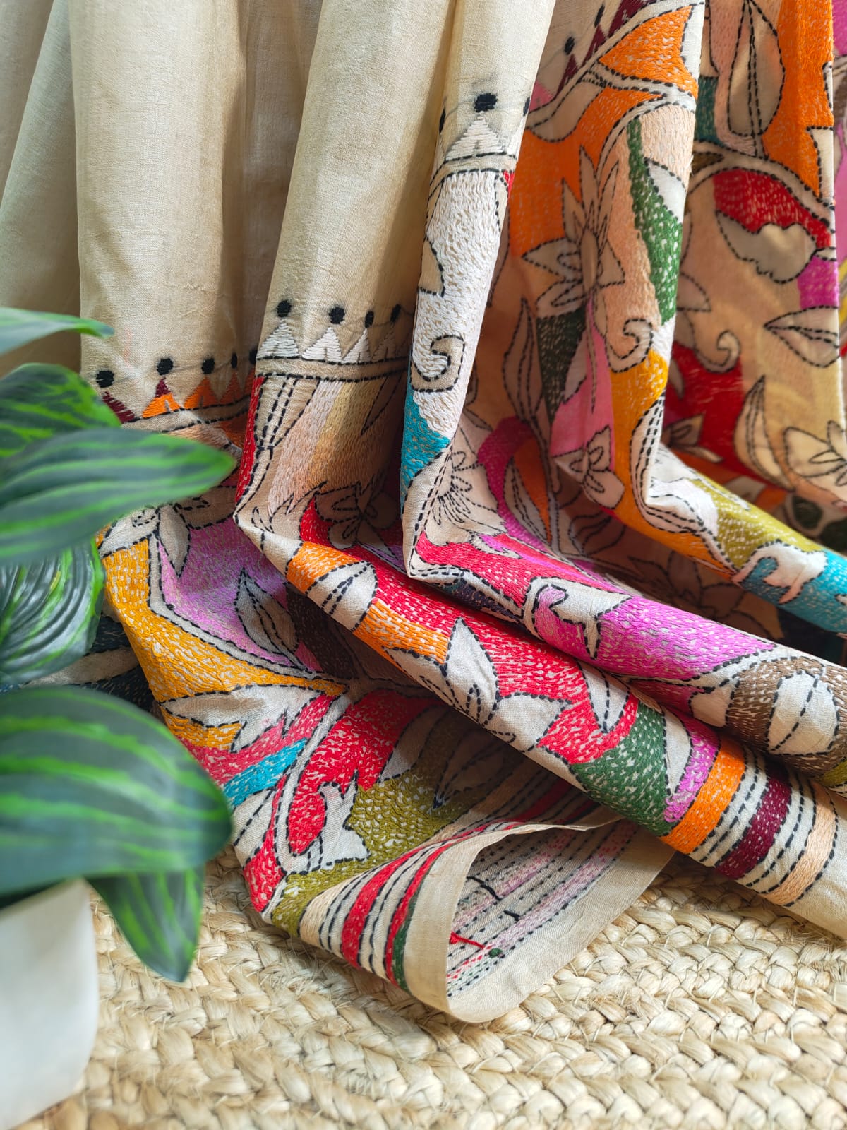 Sold out Pure Tussar Gachi by Gachi Silk Carpet Kantha Saree, Corner-to-Corner Design-Sold in Kolkata