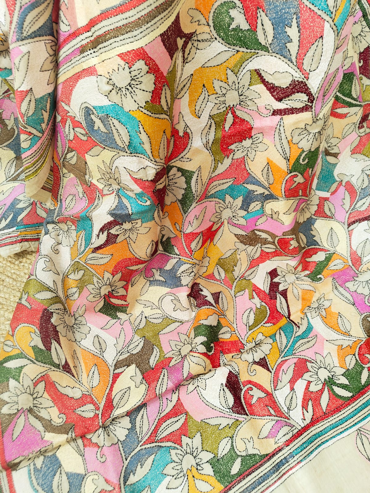 Sold out Pure Tussar Gachi by Gachi Silk Carpet Kantha Saree, Corner-to-Corner Design-Sold in Kolkata