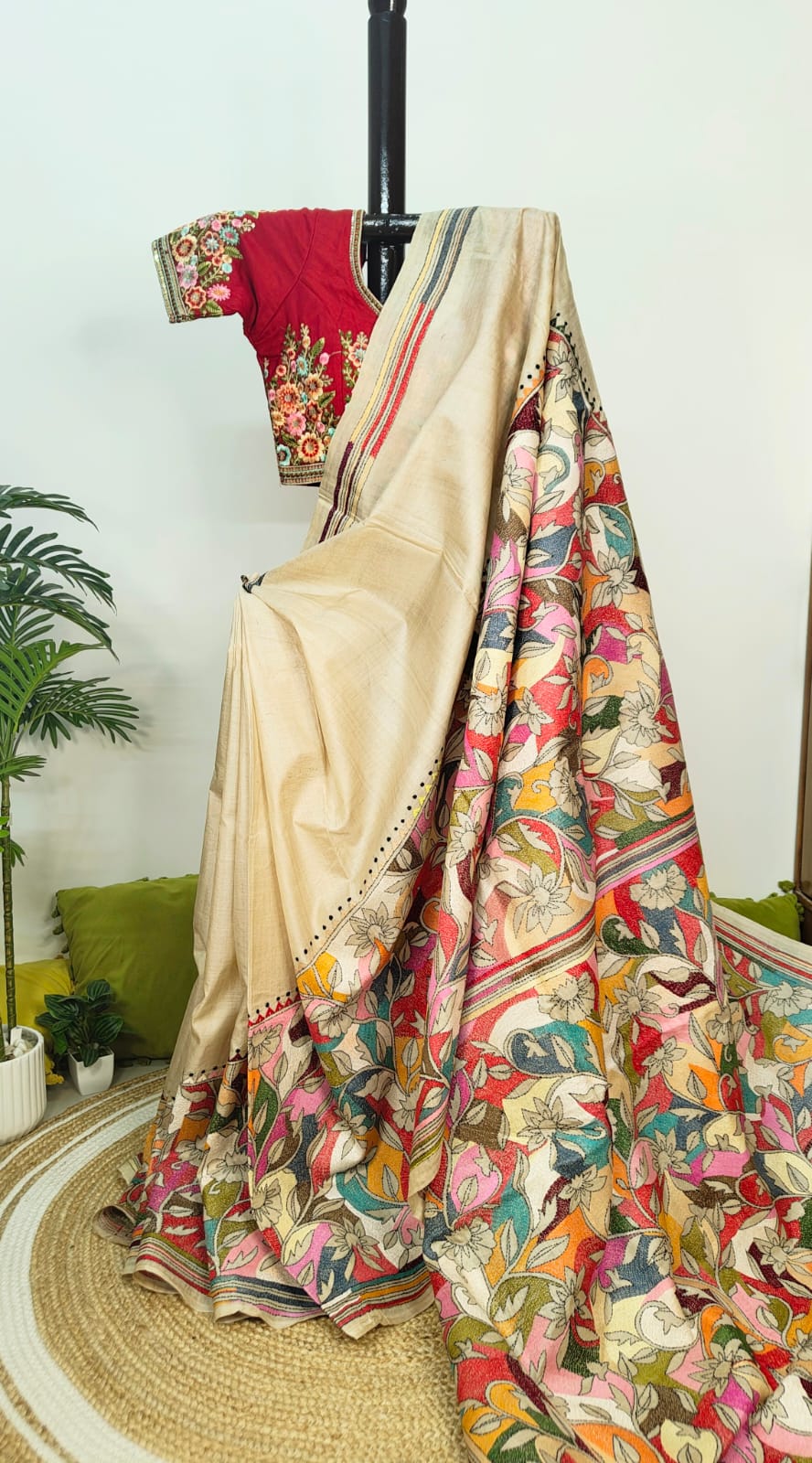 Sold out Pure Tussar Gachi by Gachi Silk Carpet Kantha Saree, Corner-to-Corner Design-Sold in Kolkata