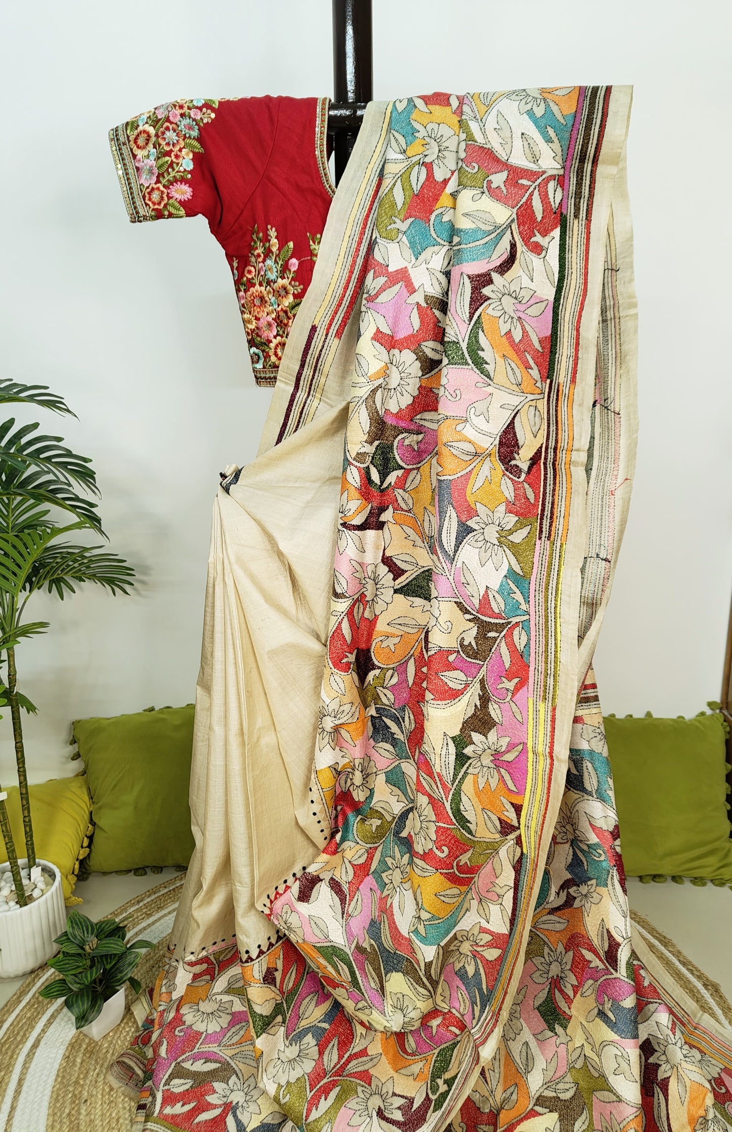 Sold out Pure Tussar Gachi by Gachi Silk Carpet Kantha Saree, Corner-to-Corner Design-Sold in Kolkata