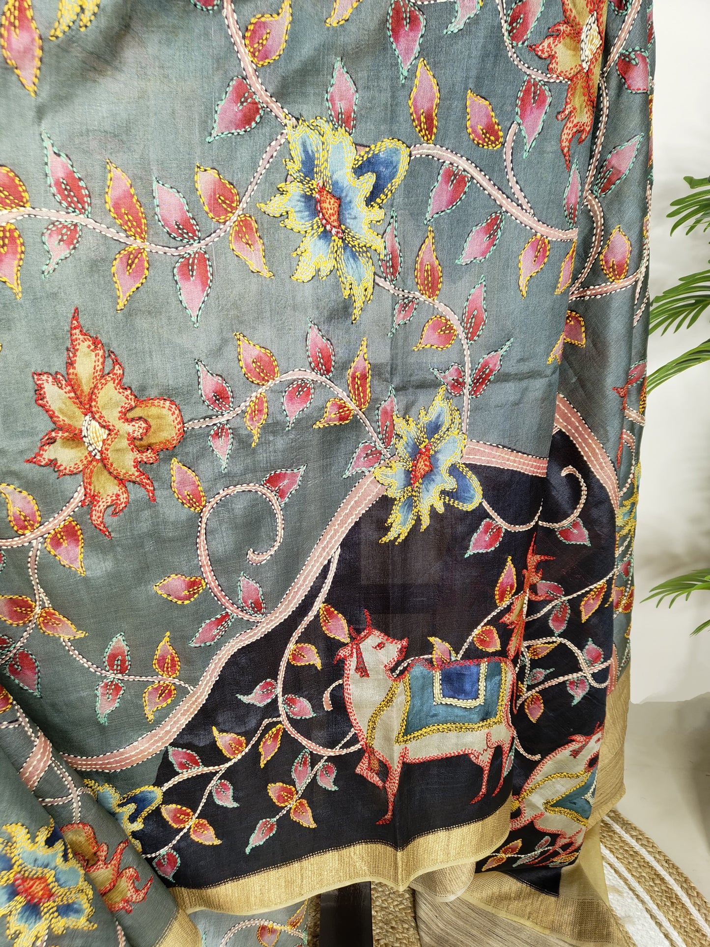 Sold out Pure Tussar Silk Hand-Painted Kalahasti Kalamkari and Kantha Saree-Sold in Bangalore- Sold in Bangalore