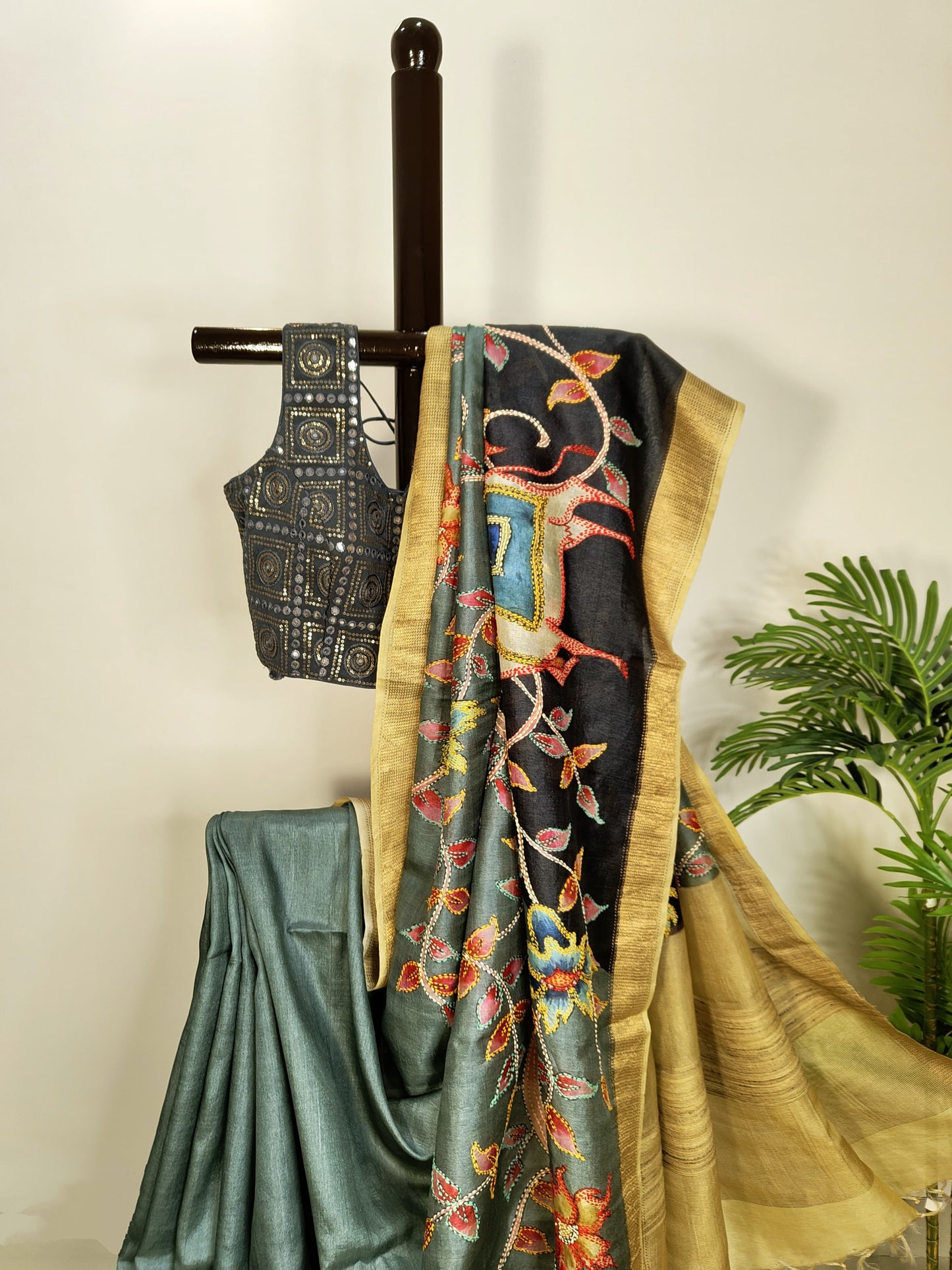 Sold out Pure Tussar Silk Hand-Painted Kalahasti Kalamkari and Kantha Saree-Sold in Bangalore- Sold in Bangalore