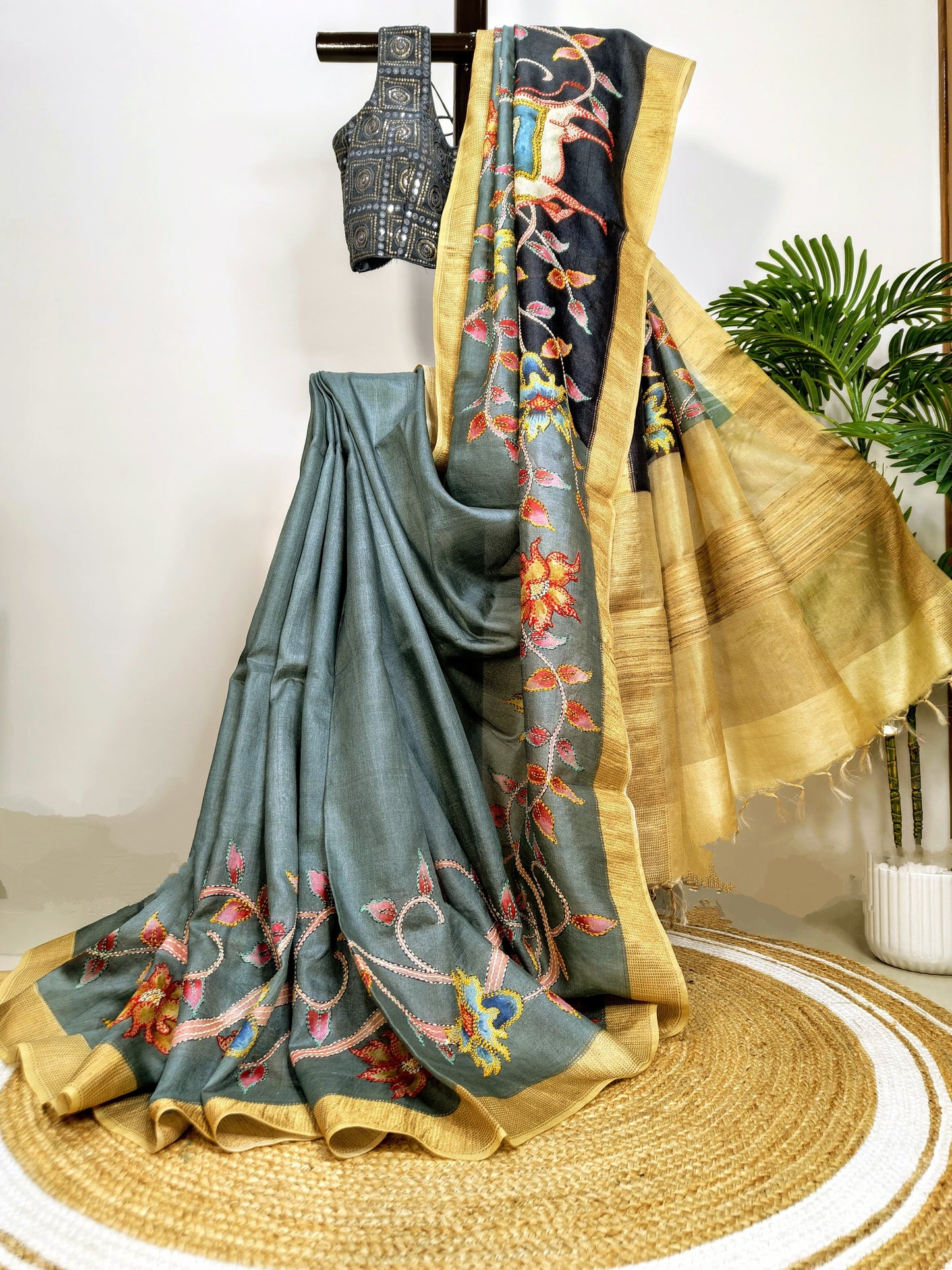 Sold out Pure Tussar Silk Hand-Painted Kalahasti Kalamkari and Kantha Saree-Sold in Bangalore- Sold in Bangalore