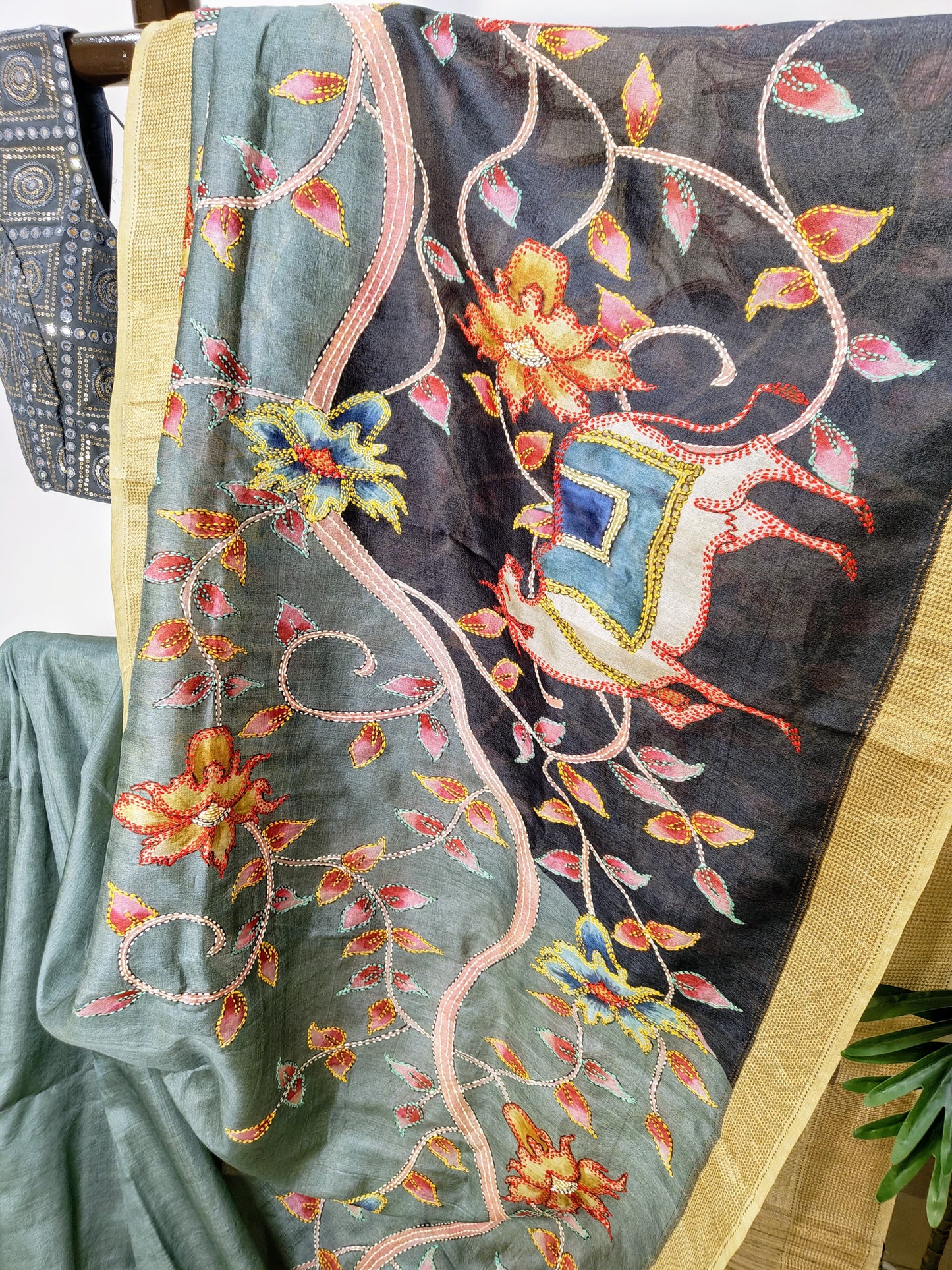 Sold out Pure Tussar Silk Hand-Painted Kalahasti Kalamkari and Kantha Saree-Sold in Bangalore- Sold in Bangalore