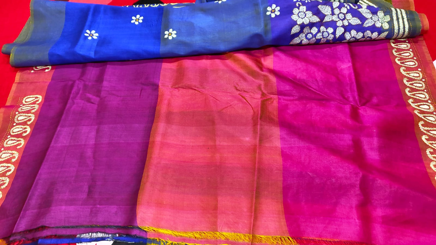 Sold out Pure Bishnupur Katan 4-Ply Silk, Kantha Saree on 3D tone