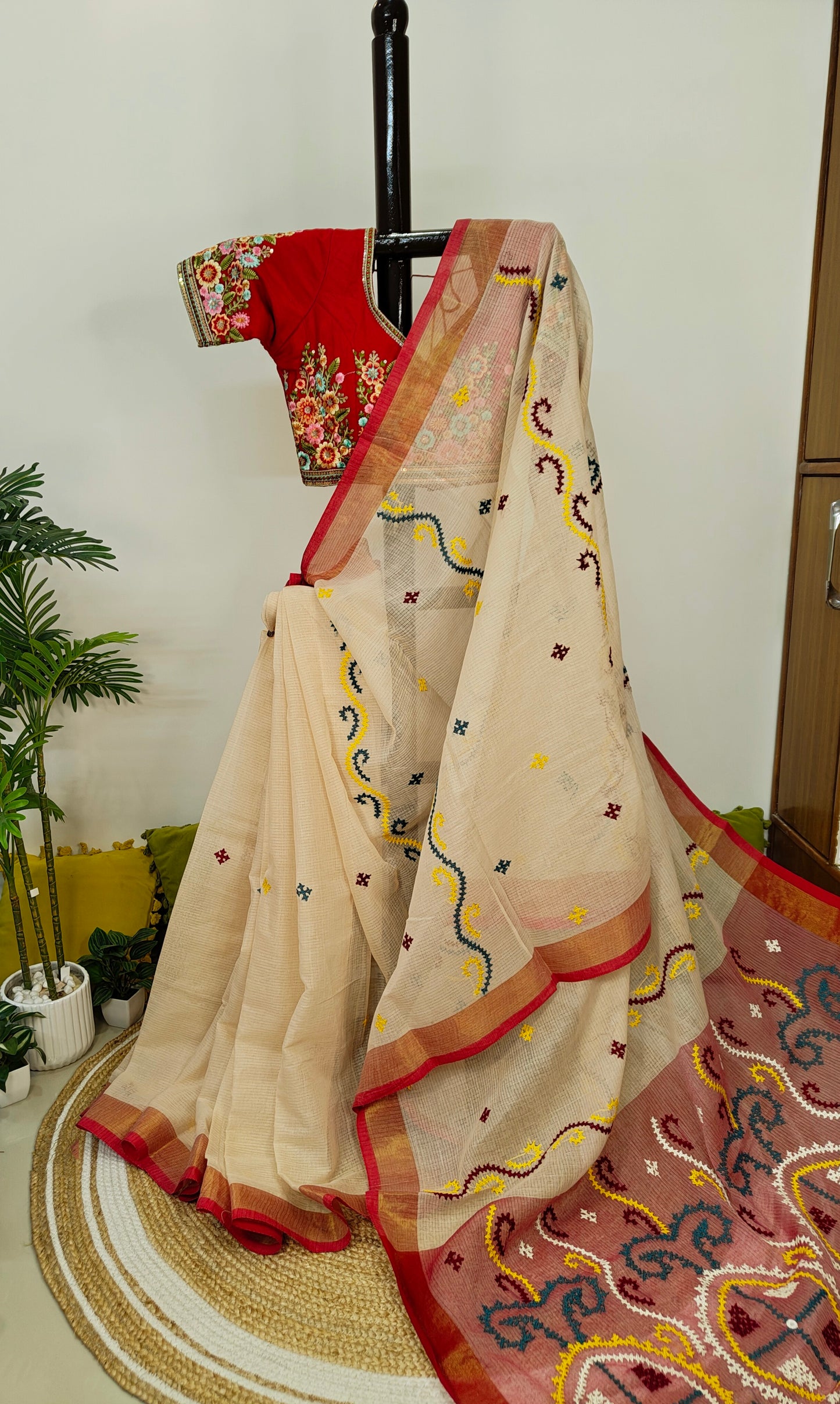 Sold Out Pure Cotton Saree with Gujarati and Kutch Hand Embroidery-Sold in Mumbai