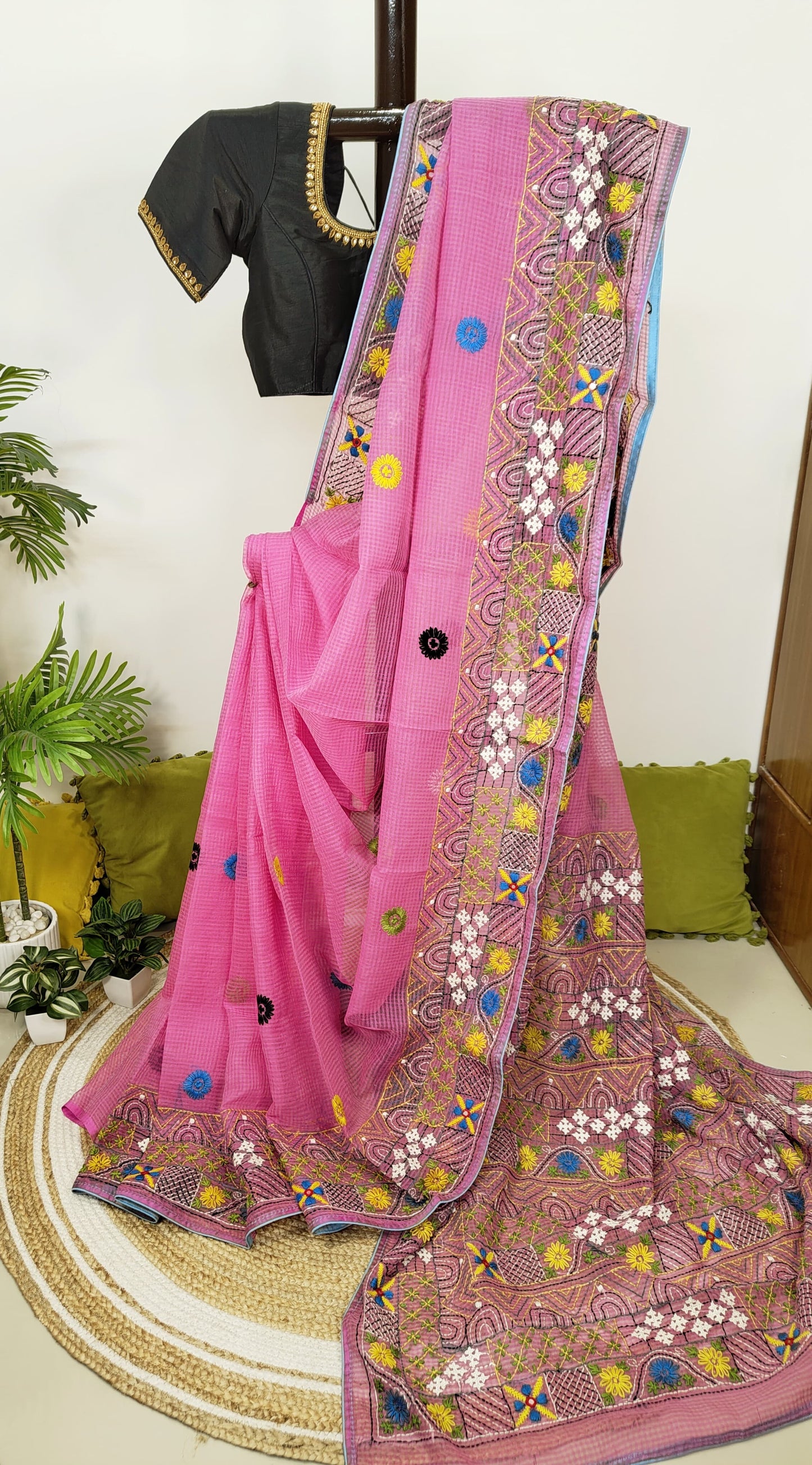 Sold Out Pure Cotton Kota Check Saree with Lumbani Hand Embroidery-Sold in Kolkata