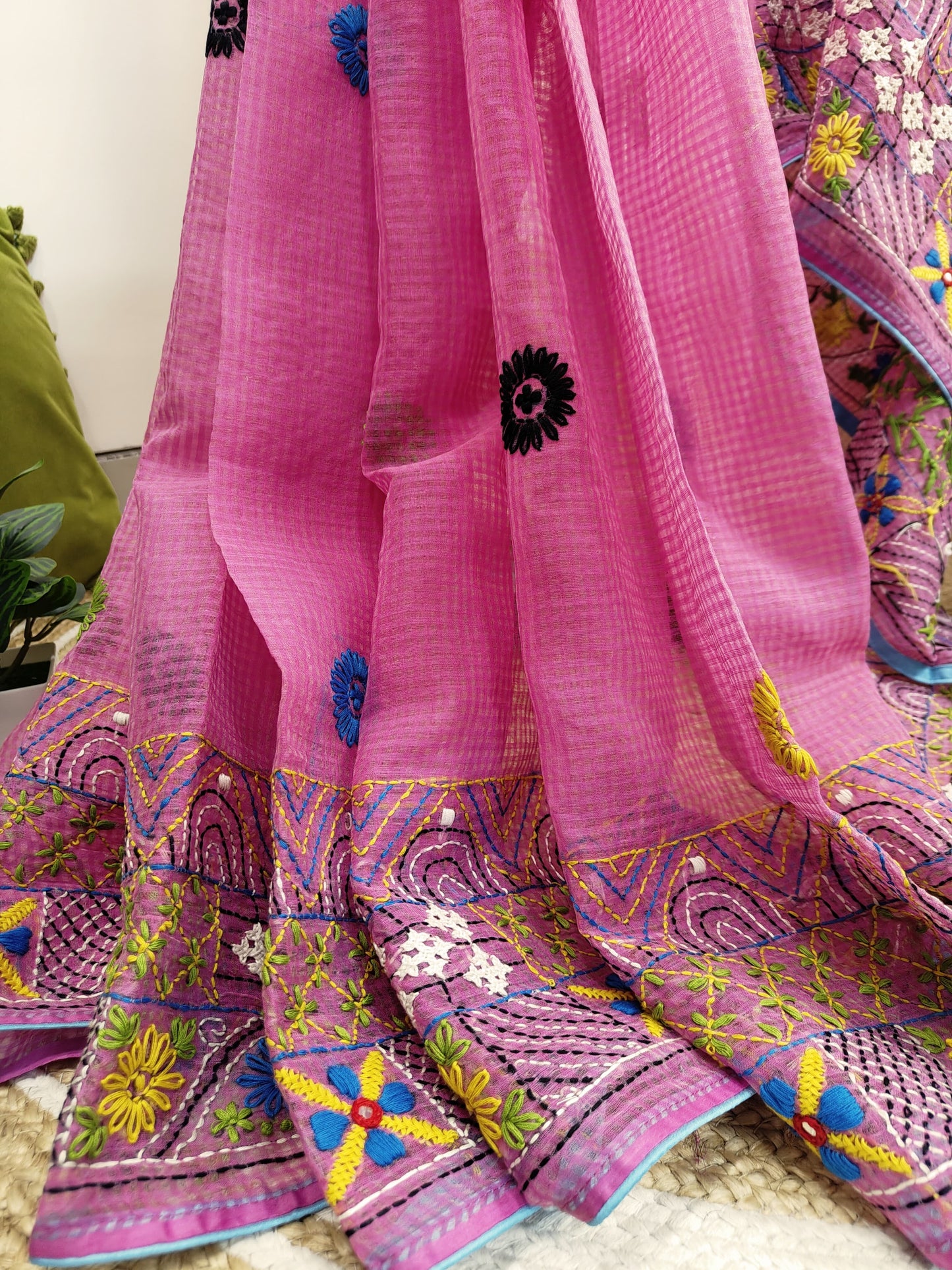 Sold Out Pure Cotton Kota Check Saree with Lumbani Hand Embroidery-Sold in Kolkata