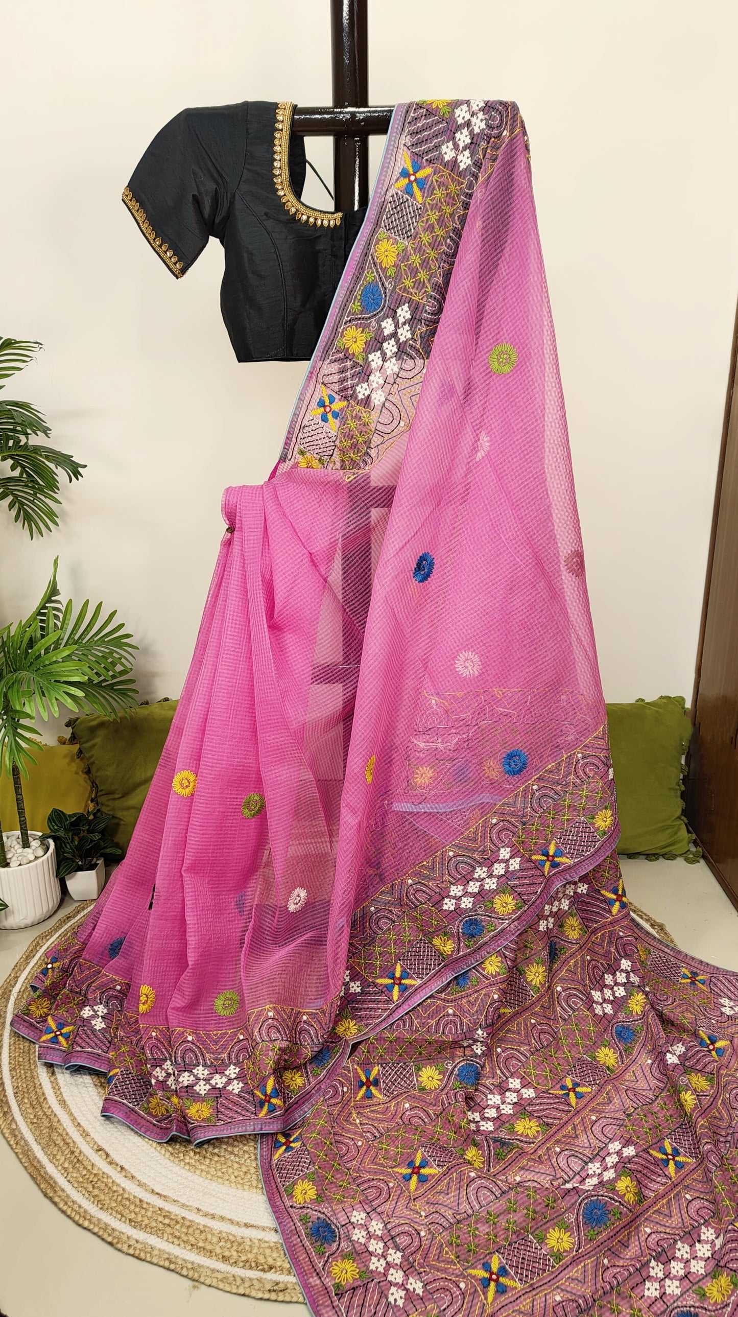 Sold Out Pure Cotton Kota Check Saree with Lumbani Hand Embroidery-Sold in Kolkata