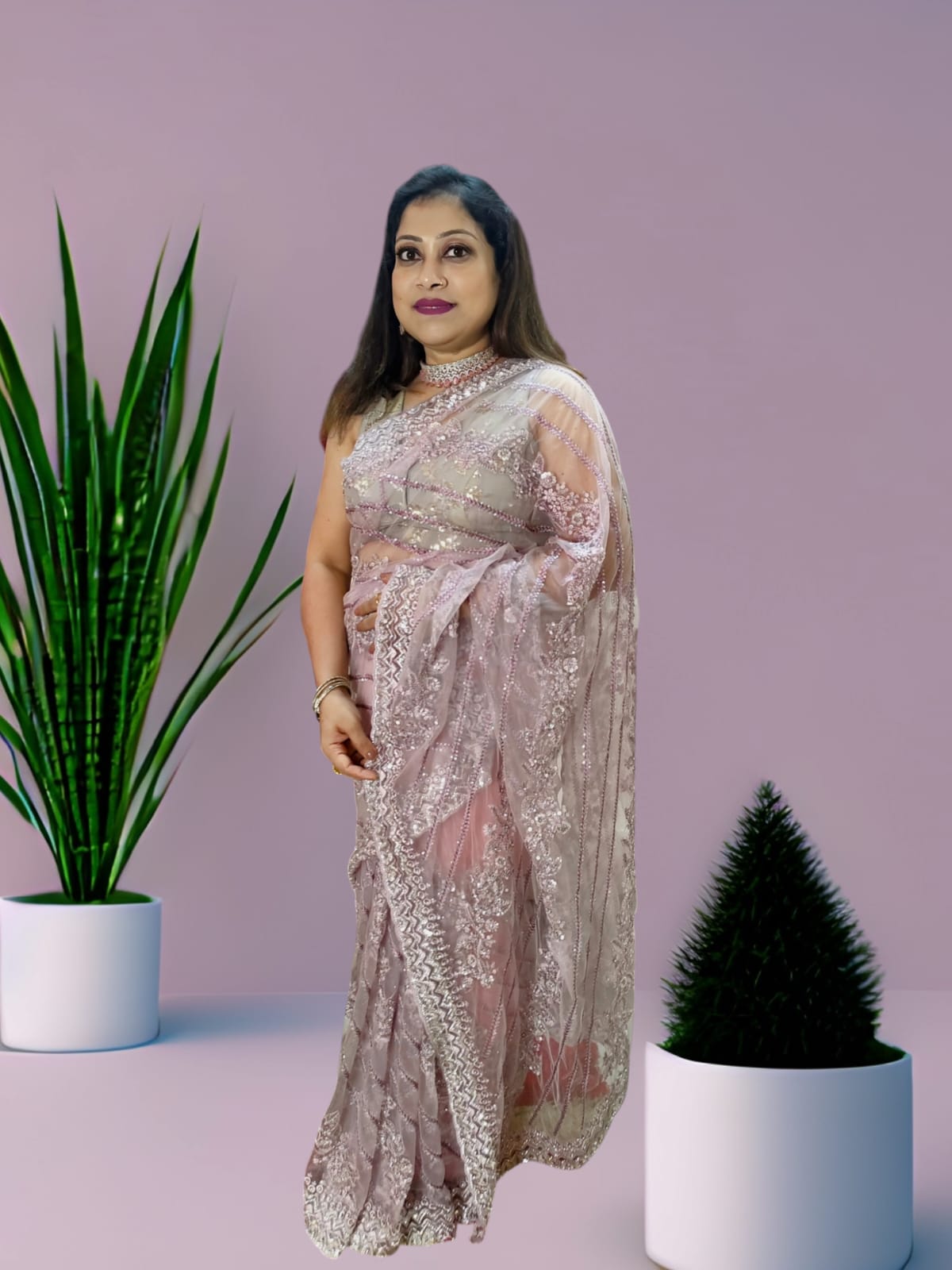 Party Wear Super Net Light Lavender Saree