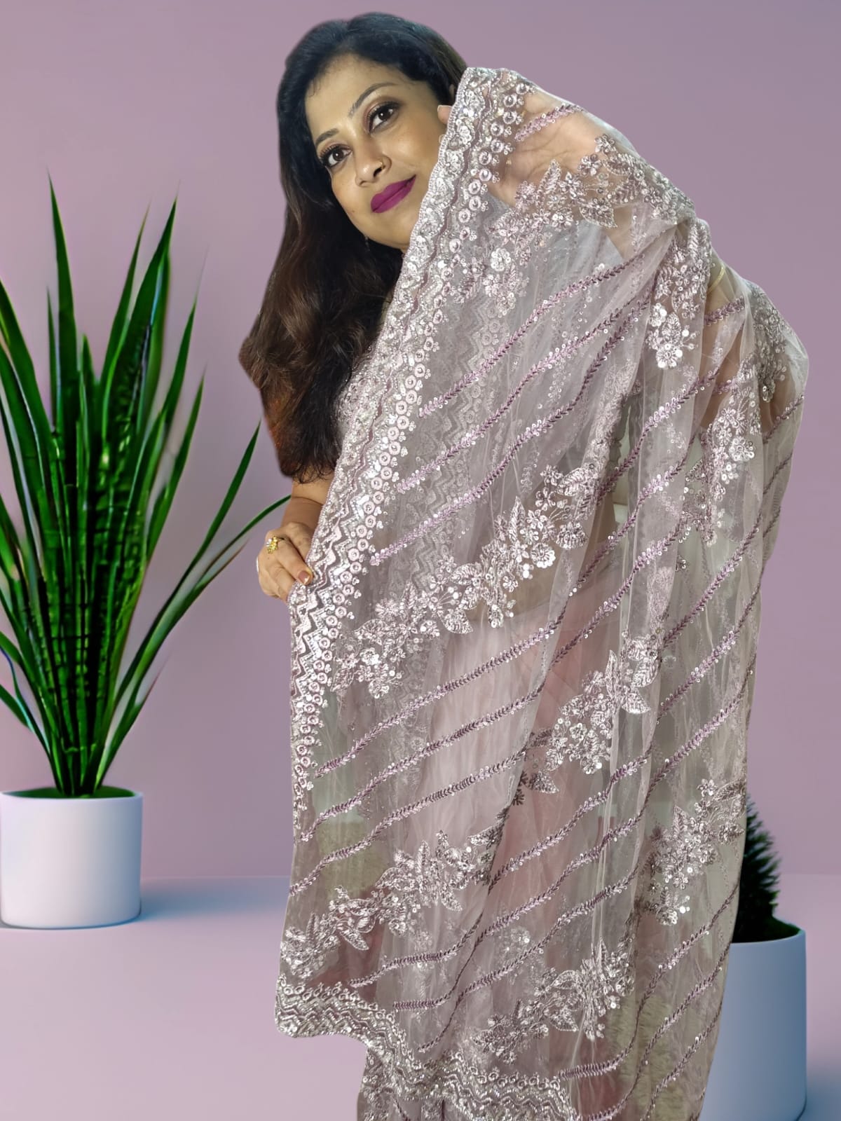 Party Wear Super Net Light Lavender Saree