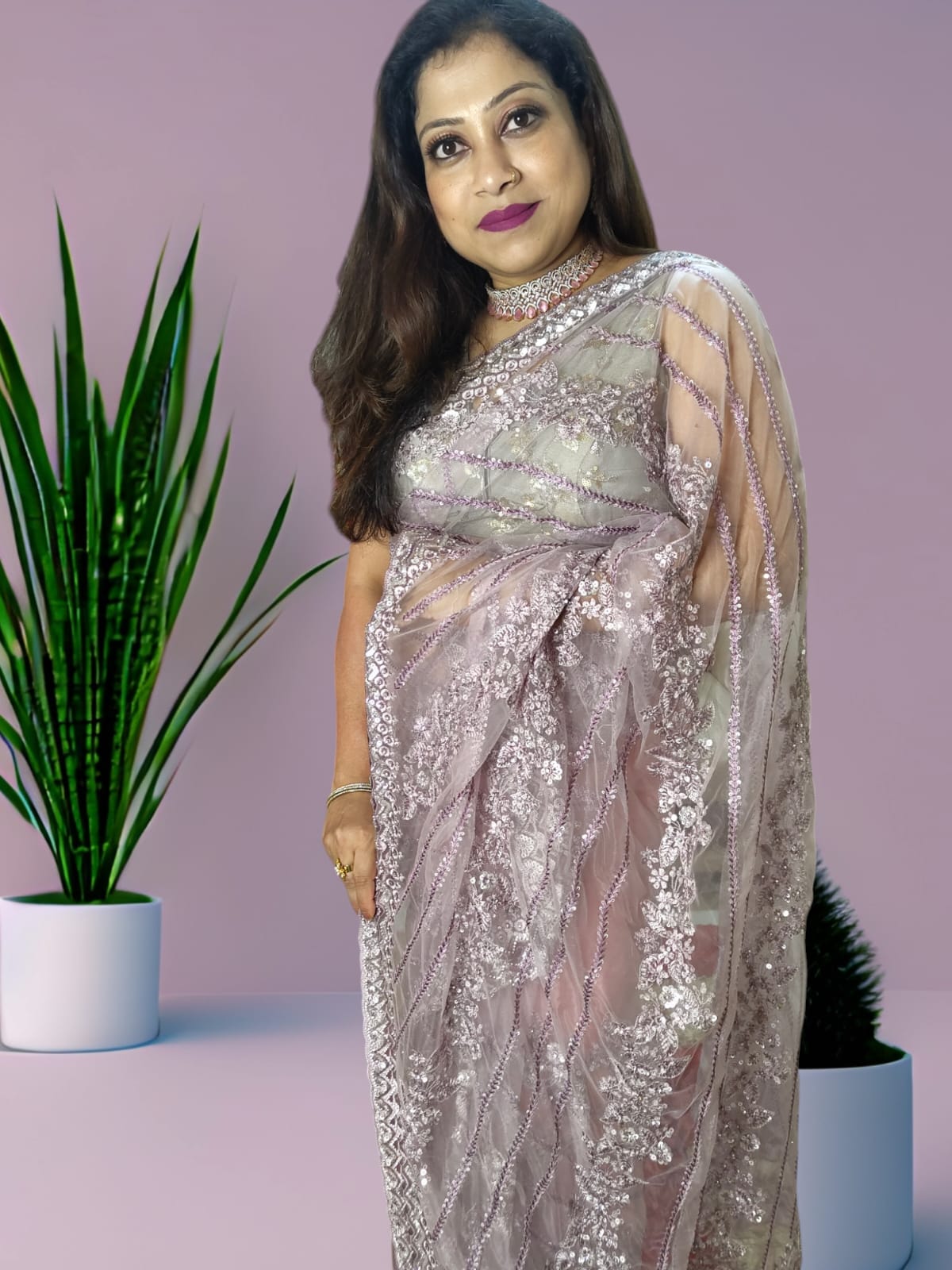 Party Wear Super Net Light Lavender Saree