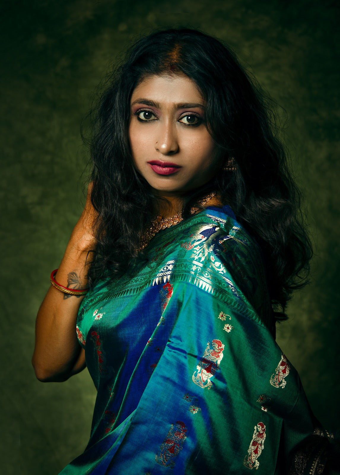 Pure Swarnachari Saree 3-Ply in Dual-Tone Peacock Blue – A Symphony of Tradition and Elegance