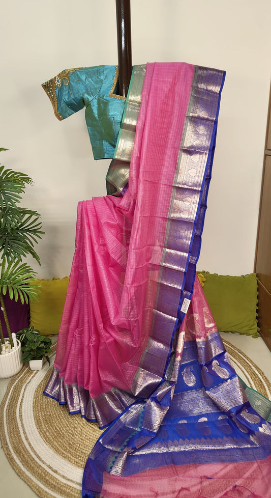 Kota Check Gadwal Semi Silk Saree with Ganga Yamuna Boarder