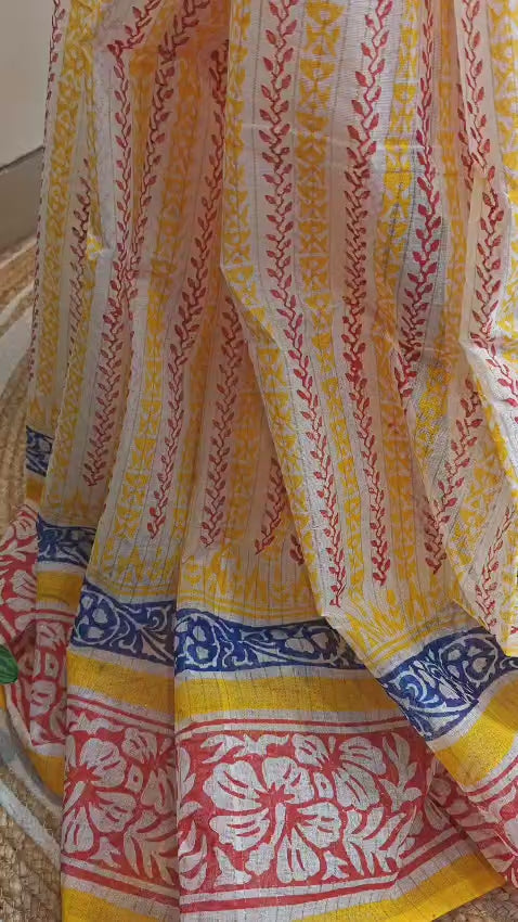 Authentic Pure Dhanekhali Zari Checker Cotton Applique and Block Print work Saree