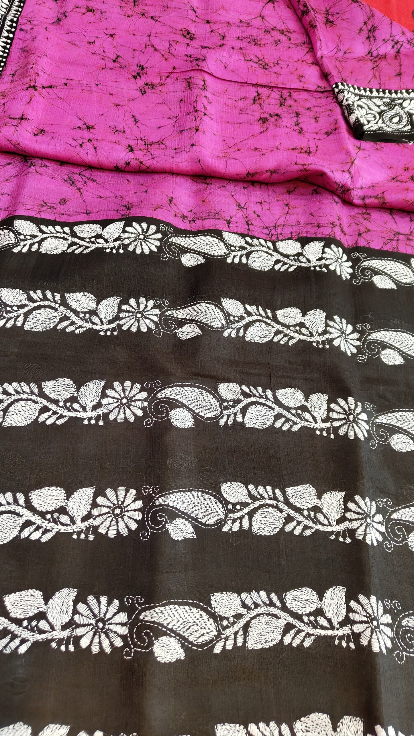 Pure Bangalore Silk Batik Kantha Stitch Saree – A Masterpiece of Handcrafted Elegance