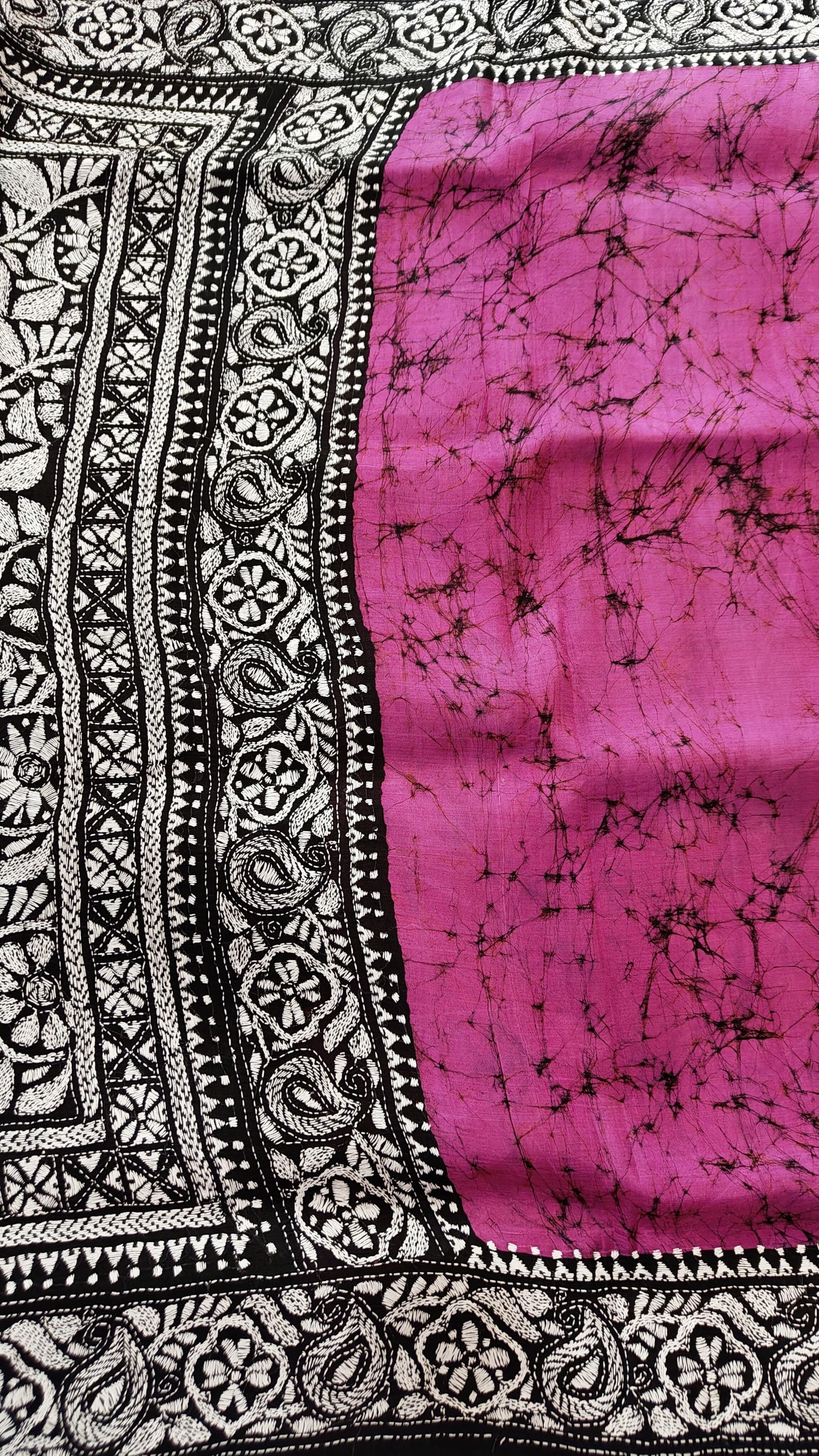 Pure Bangalore Silk Batik Kantha Stitch Saree – A Masterpiece of Handcrafted Elegance