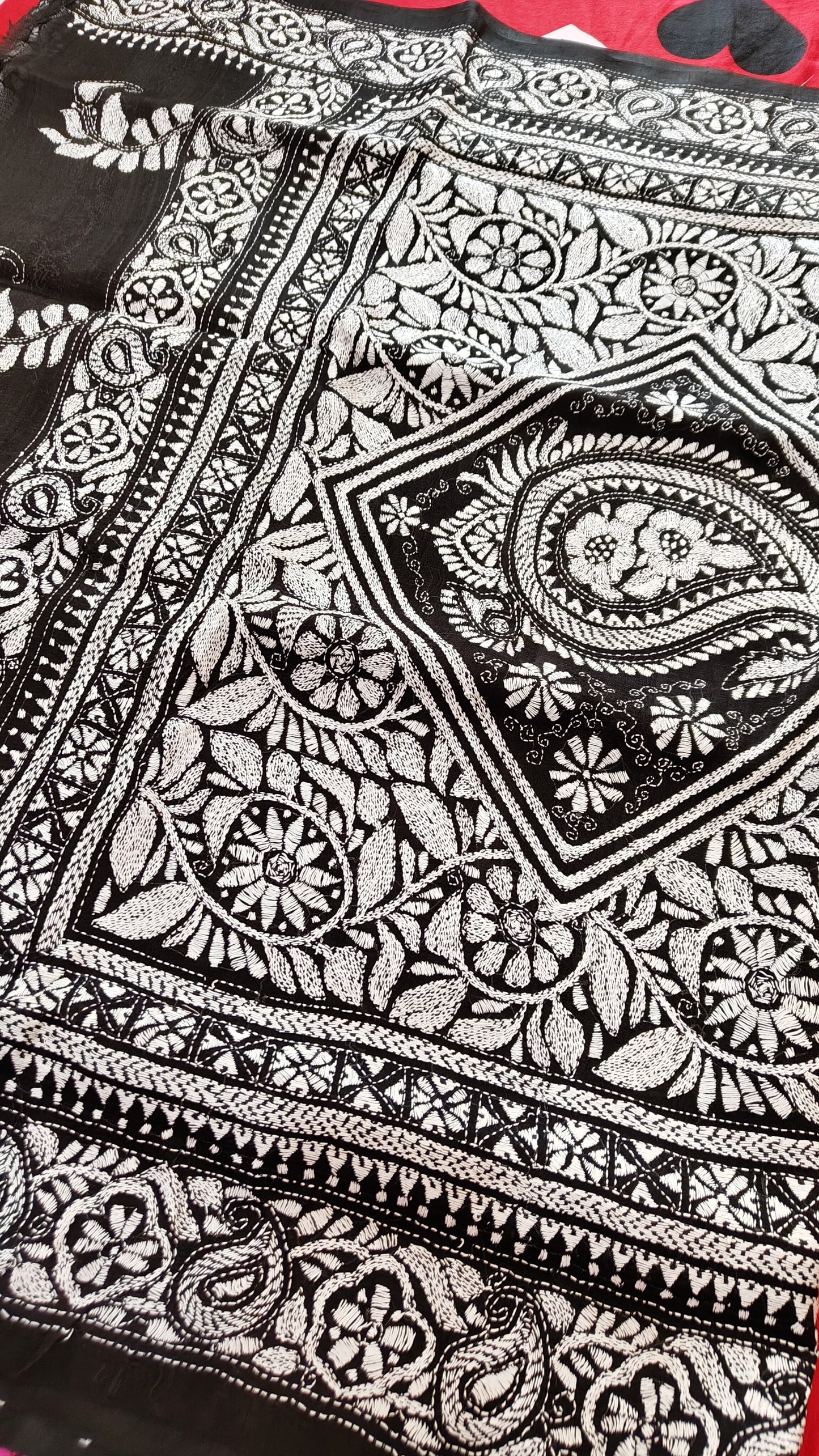 Pure Bangalore Silk Batik Kantha Stitch Saree – A Masterpiece of Handcrafted Elegance