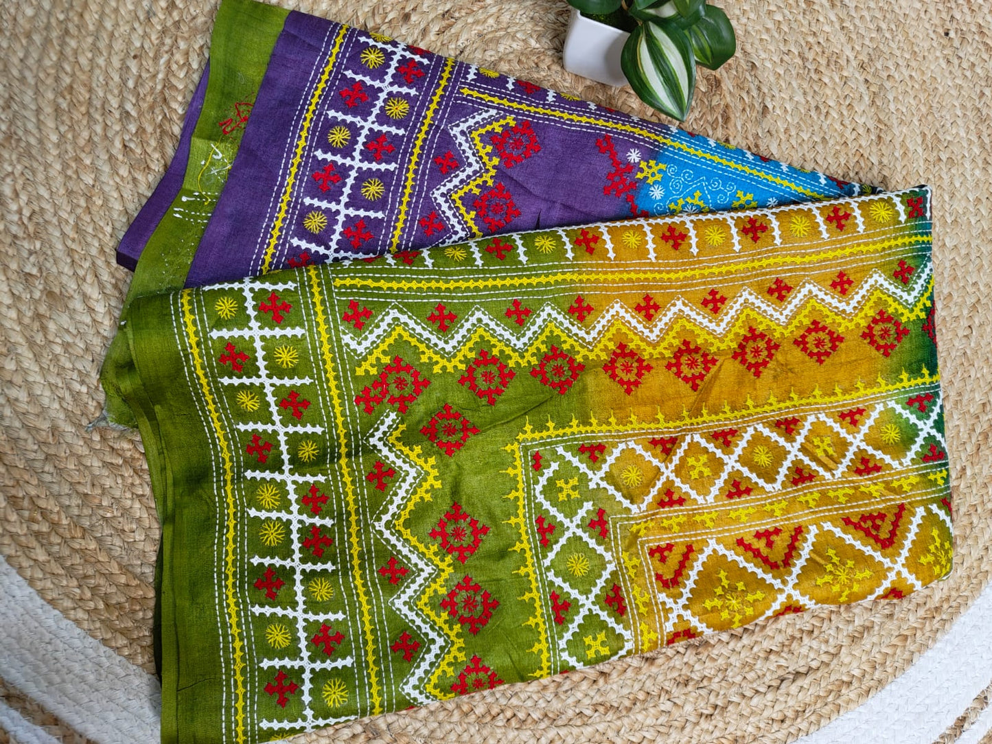 Sold out Pure Tussar Gachi Silk Kantha Saree with Vibrant Dye and Handcrafted Gujarati Embroidery