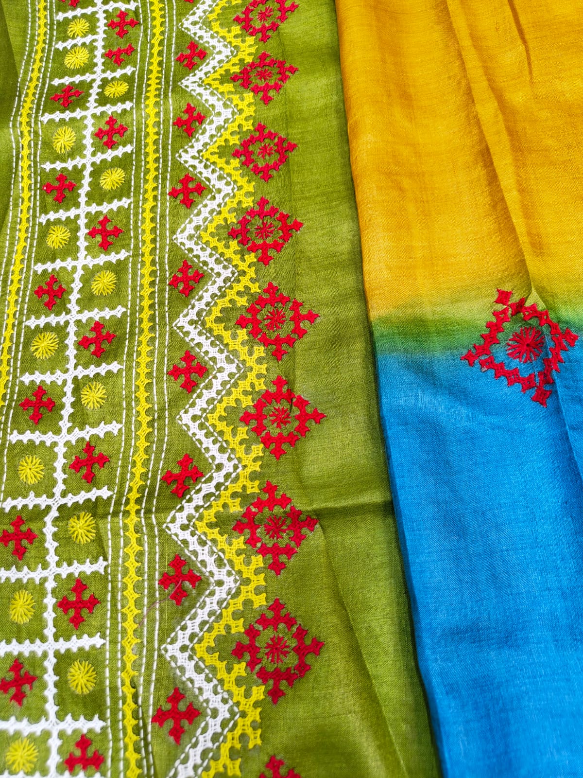 Sold out Pure Tussar Gachi Silk Kantha Saree with Vibrant Dye and Handcrafted Gujarati Embroidery