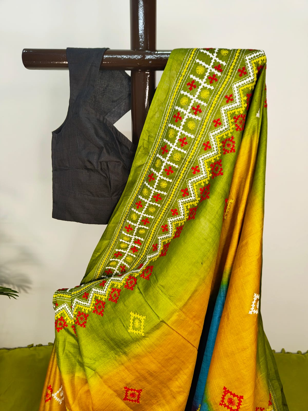 Sold out Pure Tussar Gachi Silk Kantha Saree with Vibrant Dye and Handcrafted Gujarati Embroidery