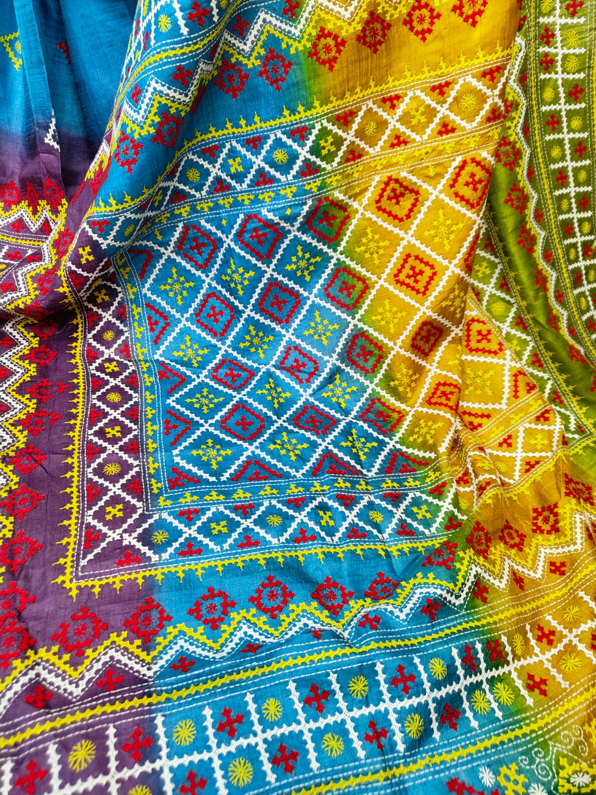 Sold out Pure Tussar Gachi Silk Kantha Saree with Vibrant Dye and Handcrafted Gujarati Embroidery