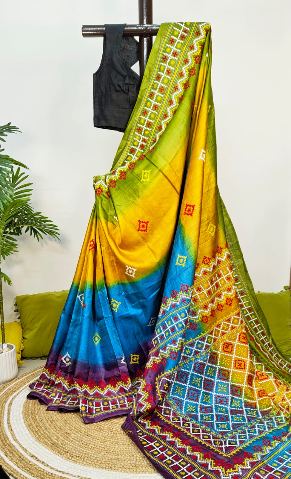 Sold out Pure Tussar Gachi Silk Kantha Saree with Vibrant Dye and Handcrafted Gujarati Embroidery
