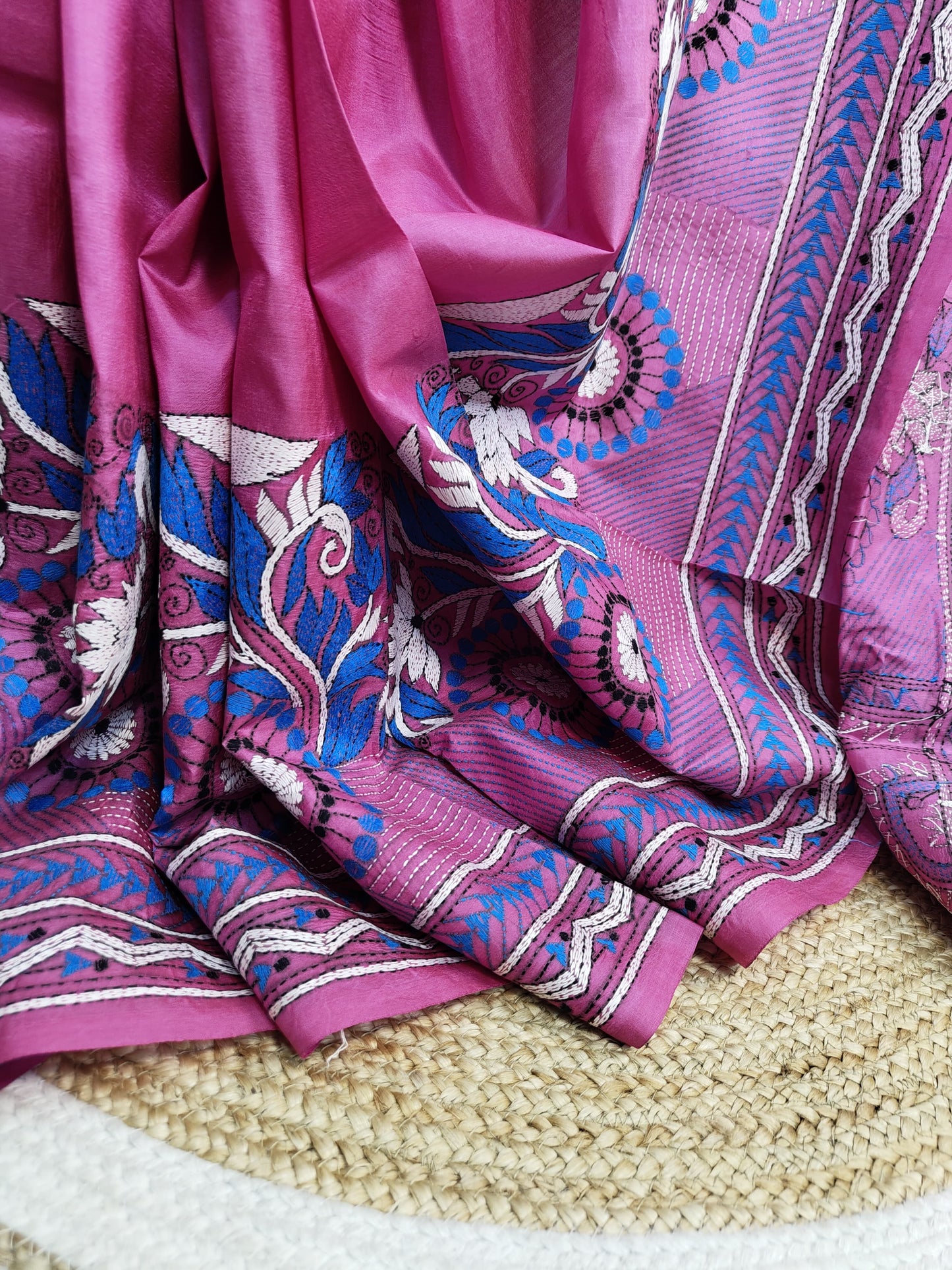 Pure Bangalore Silk Kantha Saree Hand Embroidered Elegance