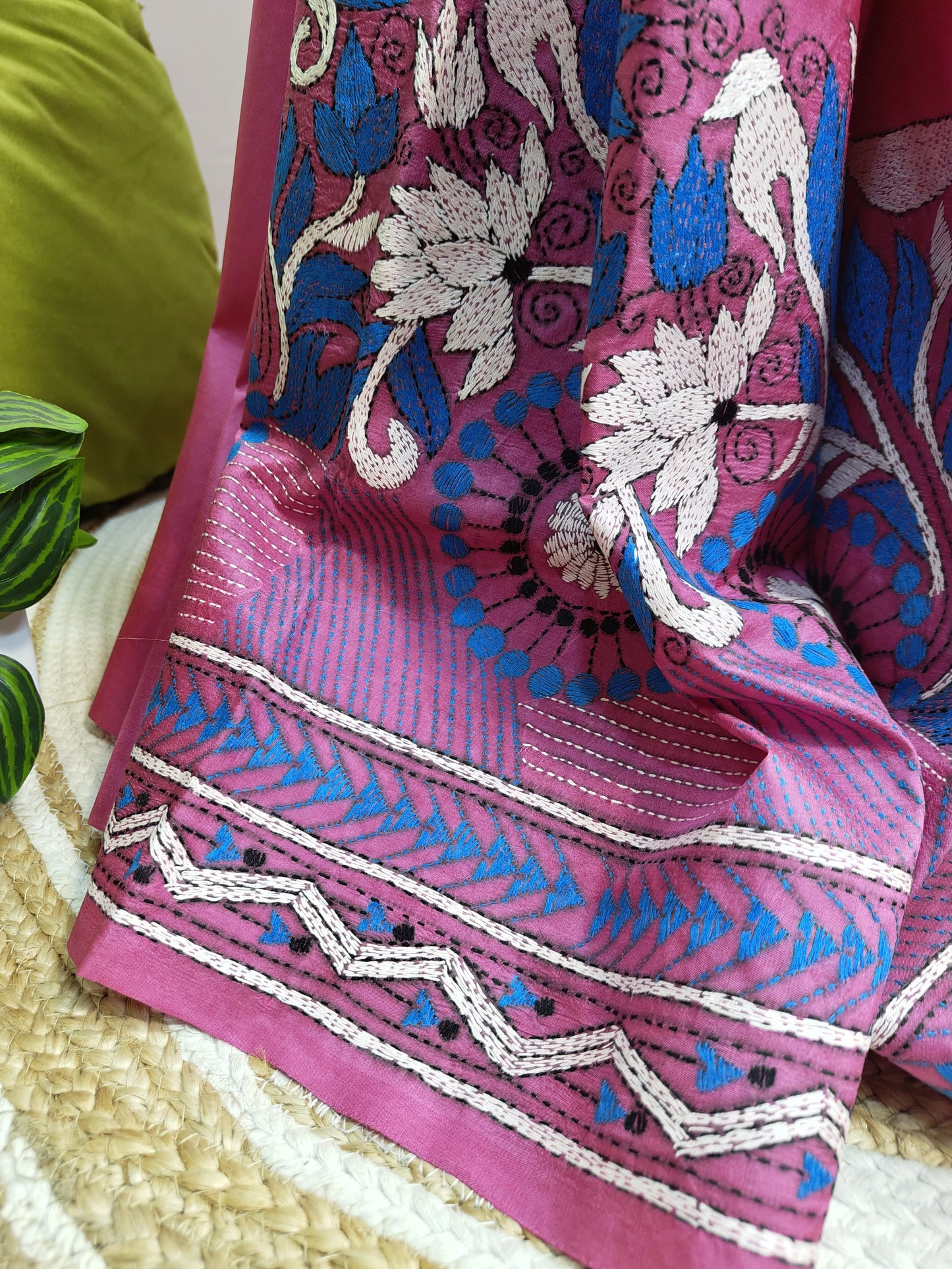 Pure Bangalore Silk Kantha Saree Hand Embroidered Elegance