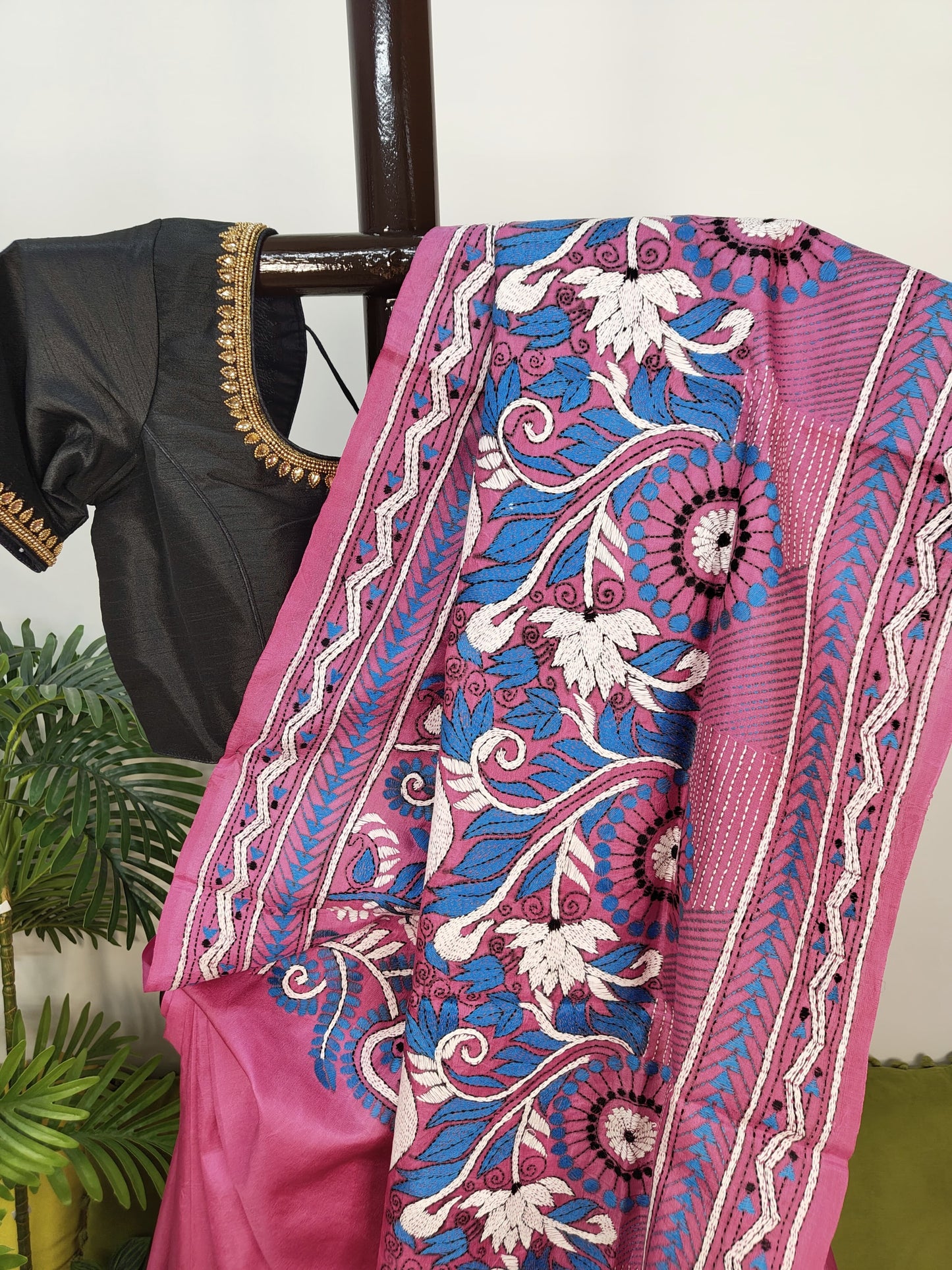 Pure Bangalore Silk Kantha Saree Hand Embroidered Elegance