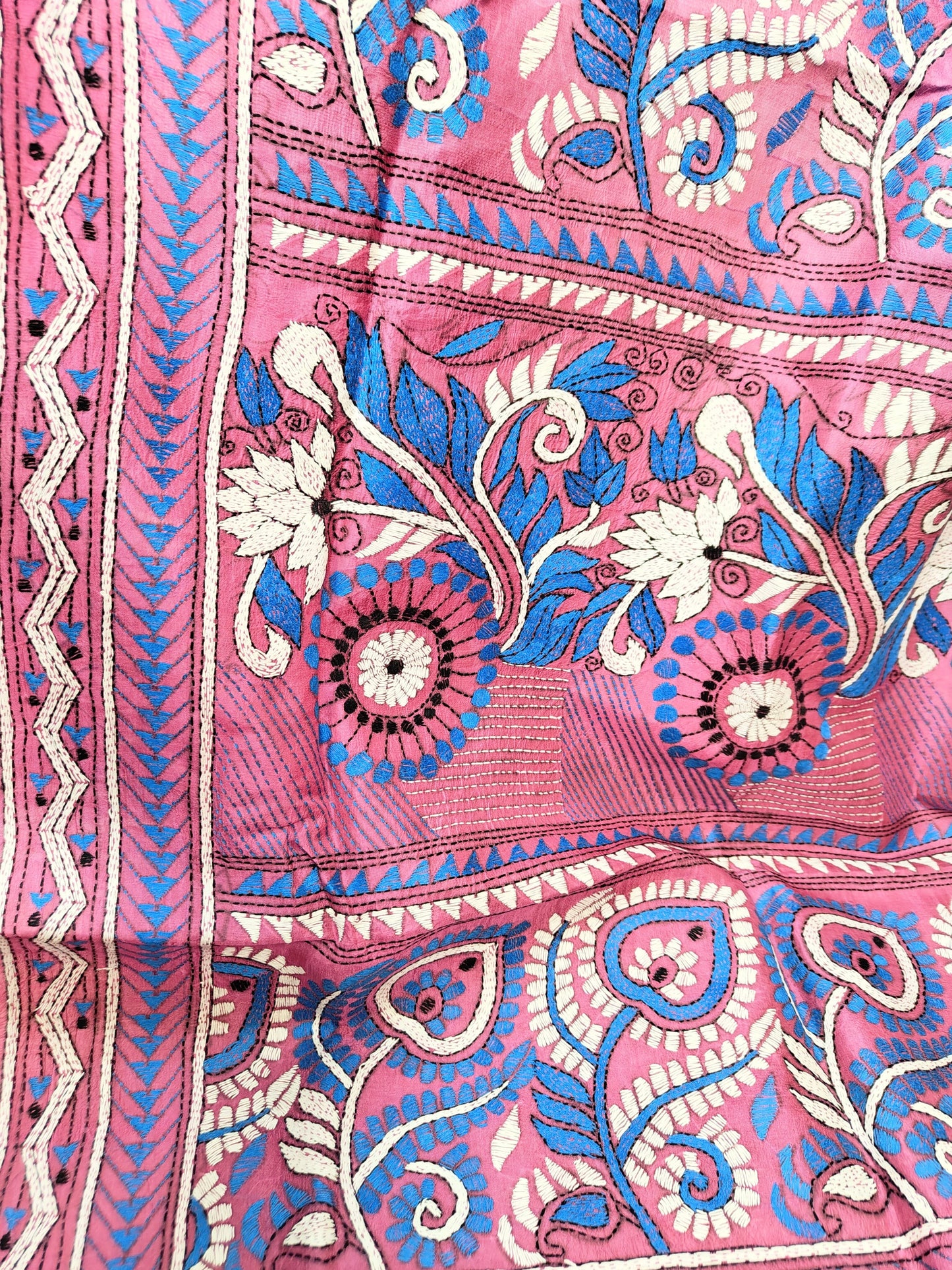 Pure Bangalore Silk Kantha Saree Hand Embroidered Elegance