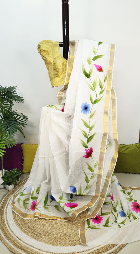 Hand-Painted Kerala Cotton Saree – Timeless White Elegance